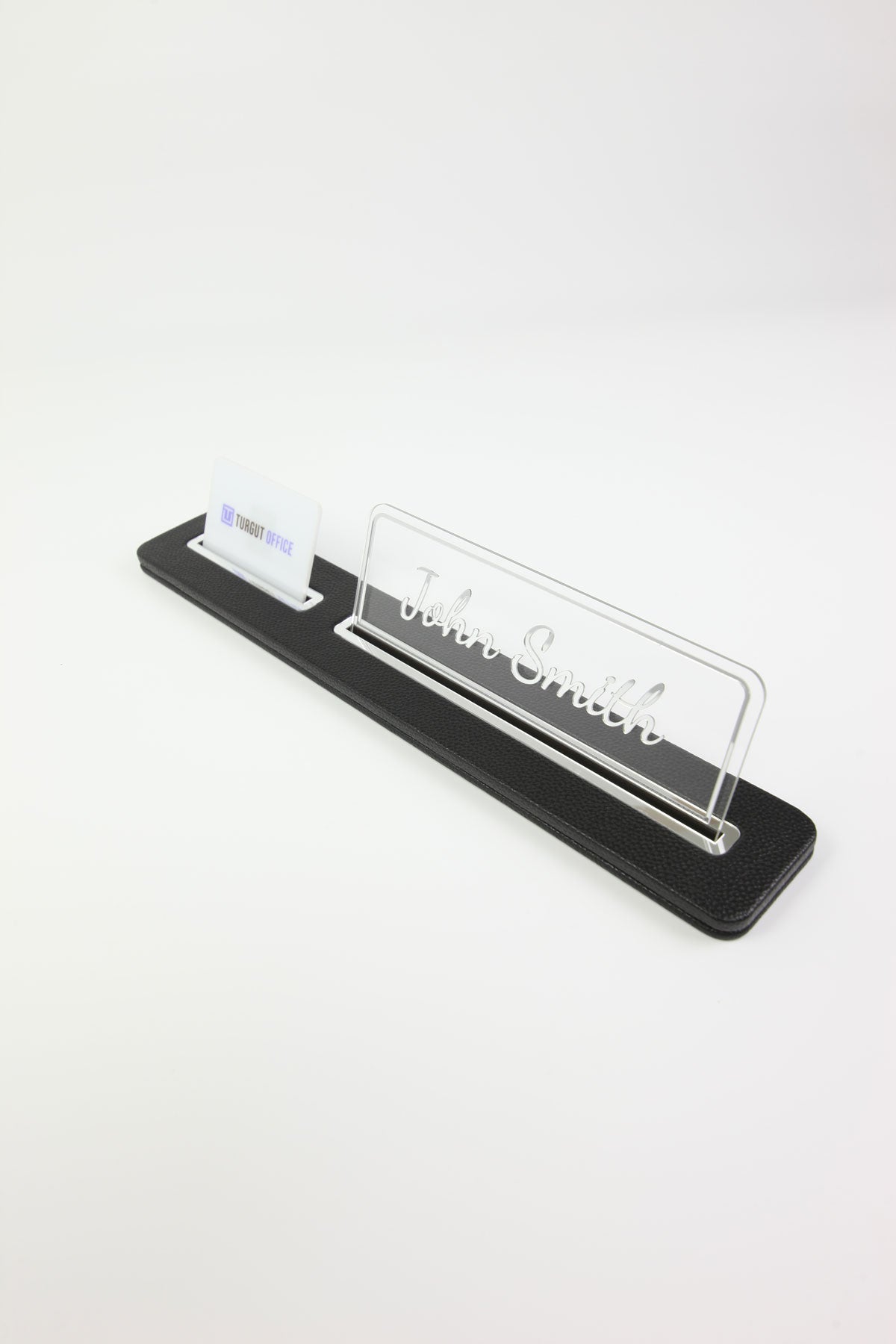 Leather Desk Name Holder Black Long Chrome Detailed - Name Holder and Business Card Holder