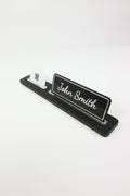 Leather Desk Name Holder Black Long Chrome Detailed - Name Holder and Business Card Holder