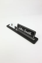 Leather Desk Name Holder Black Long Chrome Detailed - Name Holder and Business Card Holder