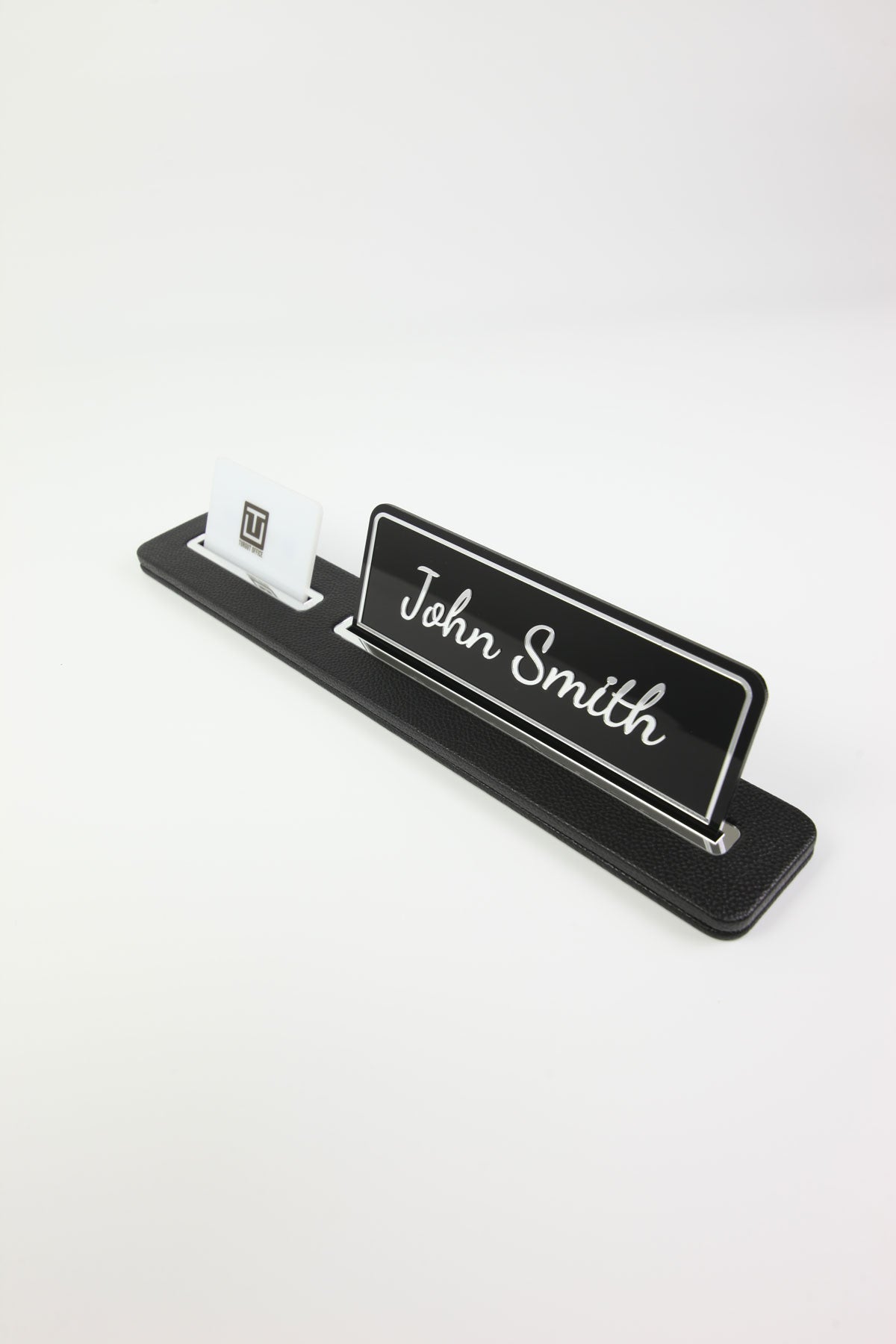 Leather Desk Name Holder Black Long Chrome Detailed - Name Holder and Business Card Holder