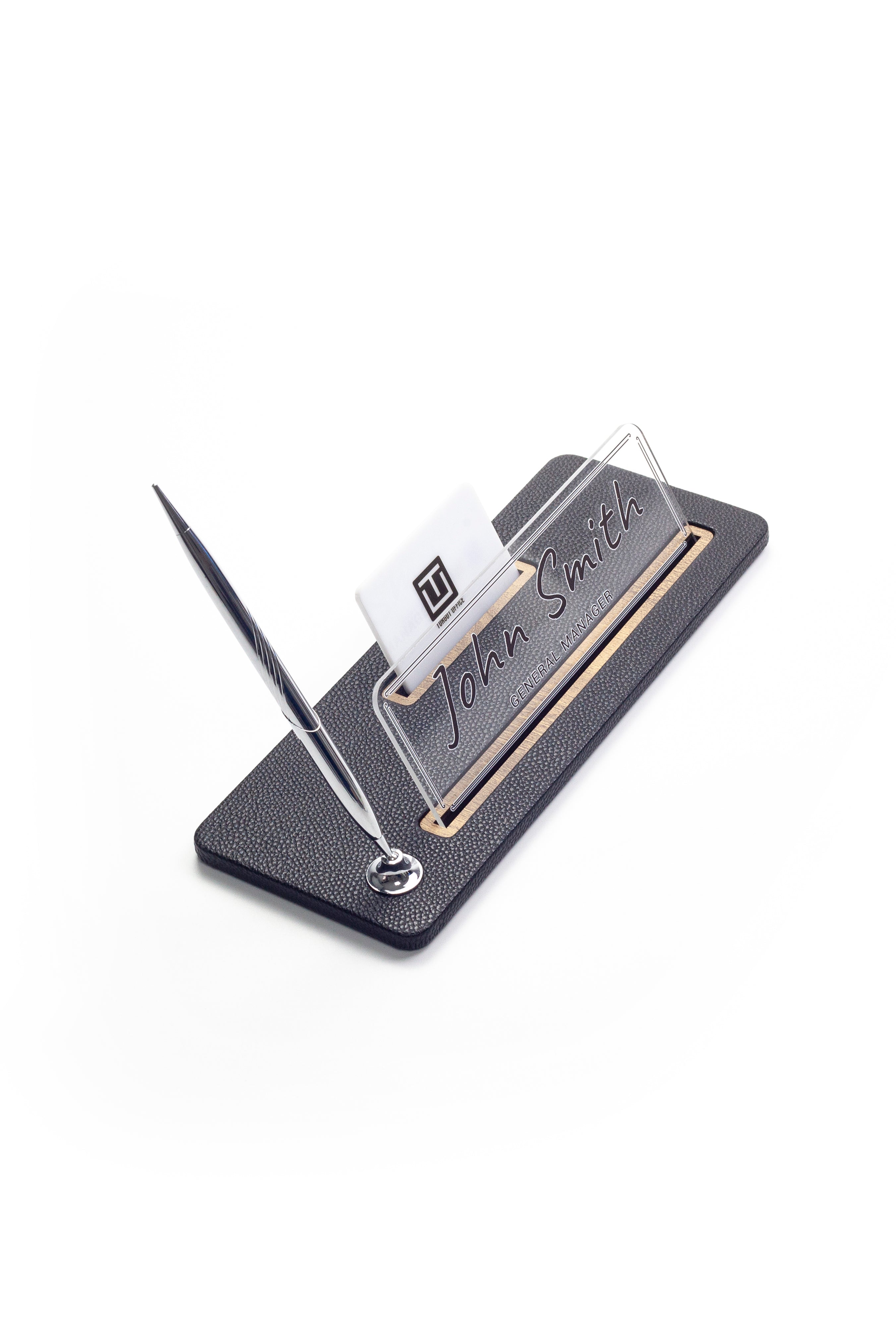 Leather Desk Name Holder Wood Detail