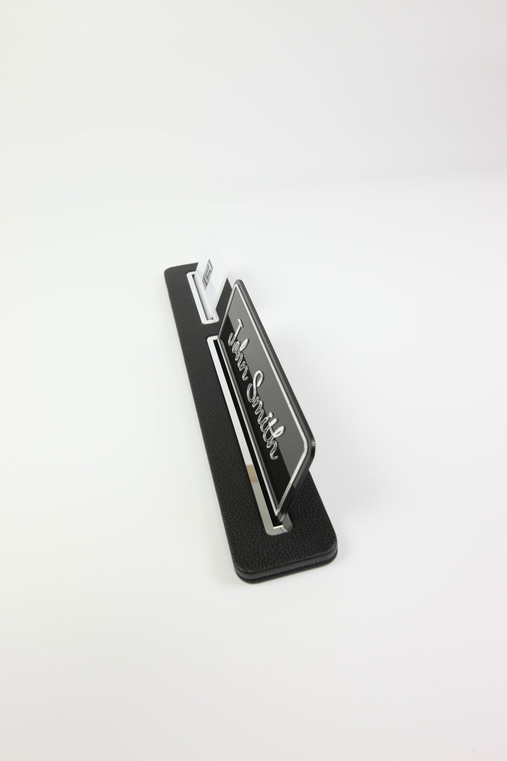 Leather Desk Name Holder Black Long Chrome Detailed - Name Holder and Business Card Holder