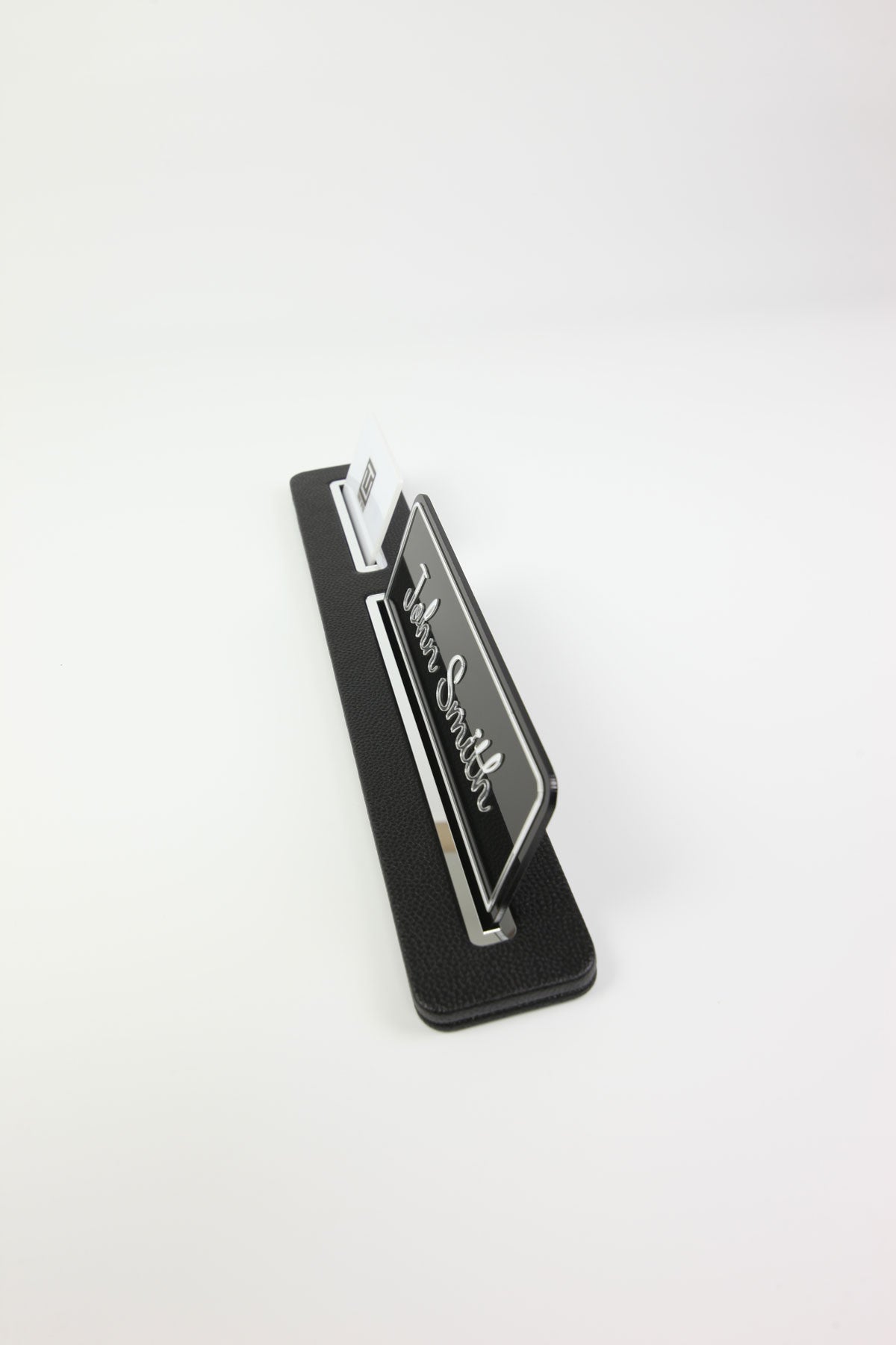 Leather Desk Name Holder Black Long Chrome Detailed - Name Holder and Business Card Holder