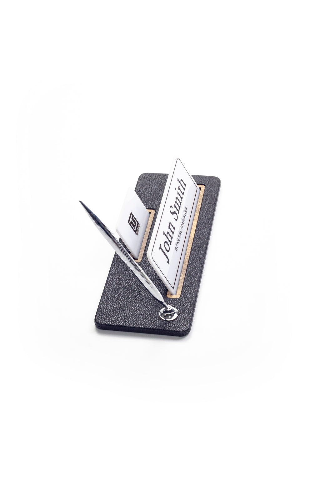 Leather Desk Name Holder Wood Detail