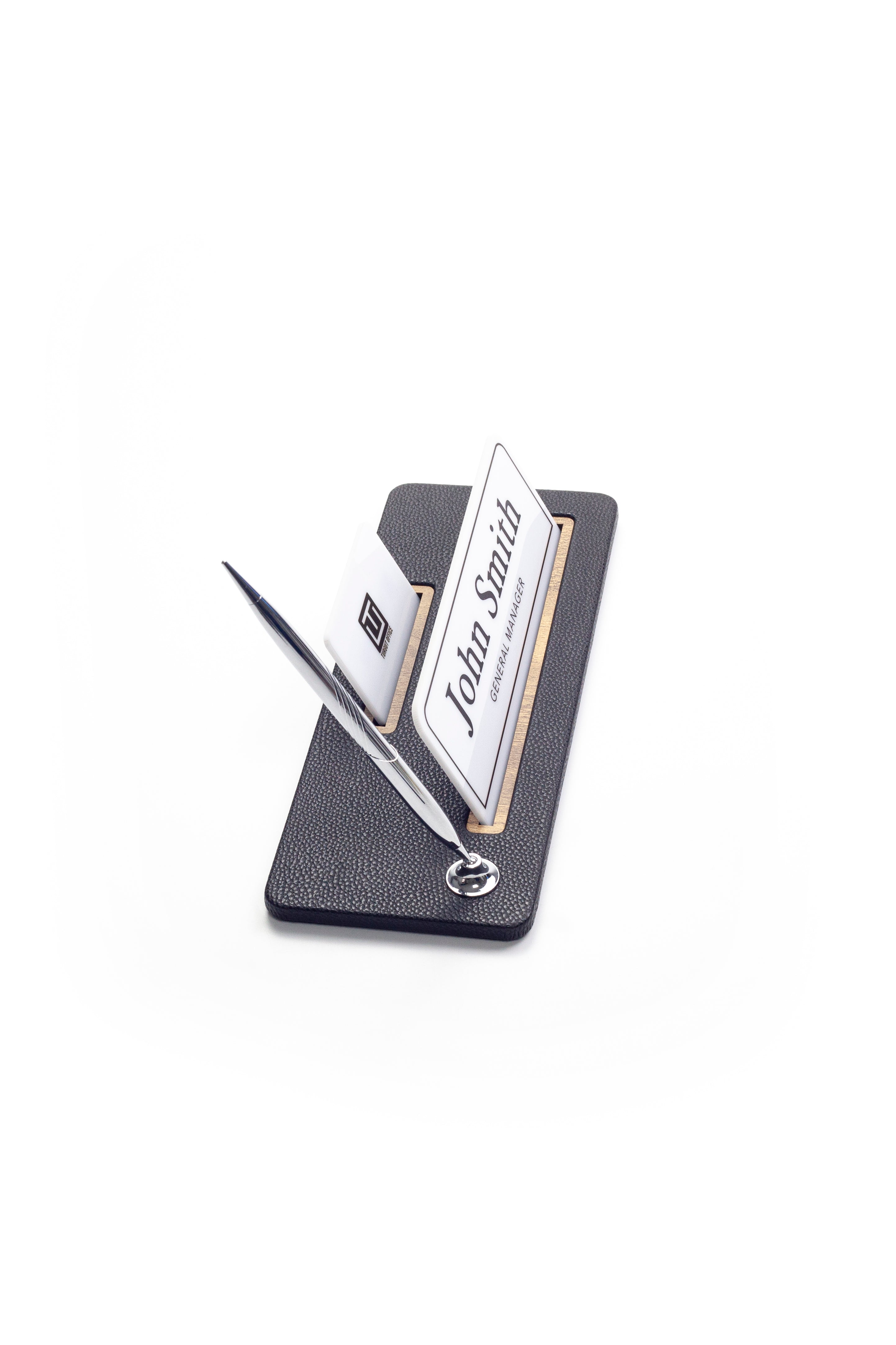 Leather Desk Name Holder Wood Detail