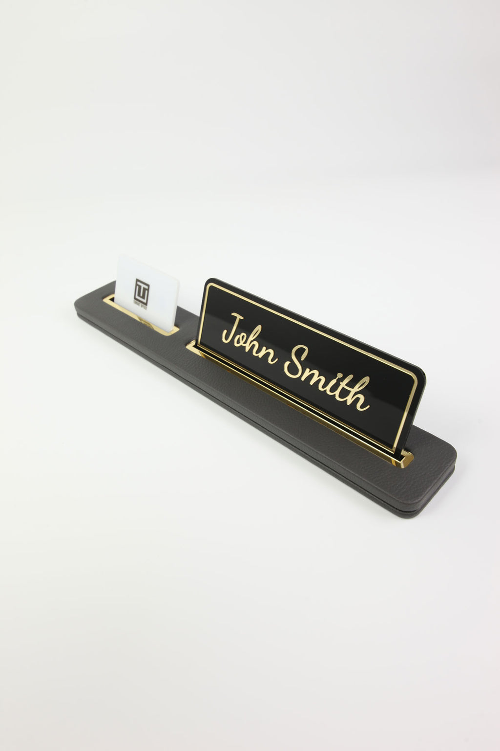 Leather Desk Nameplate Black Long Gold Detailed - Nameplate and Business Card Holder