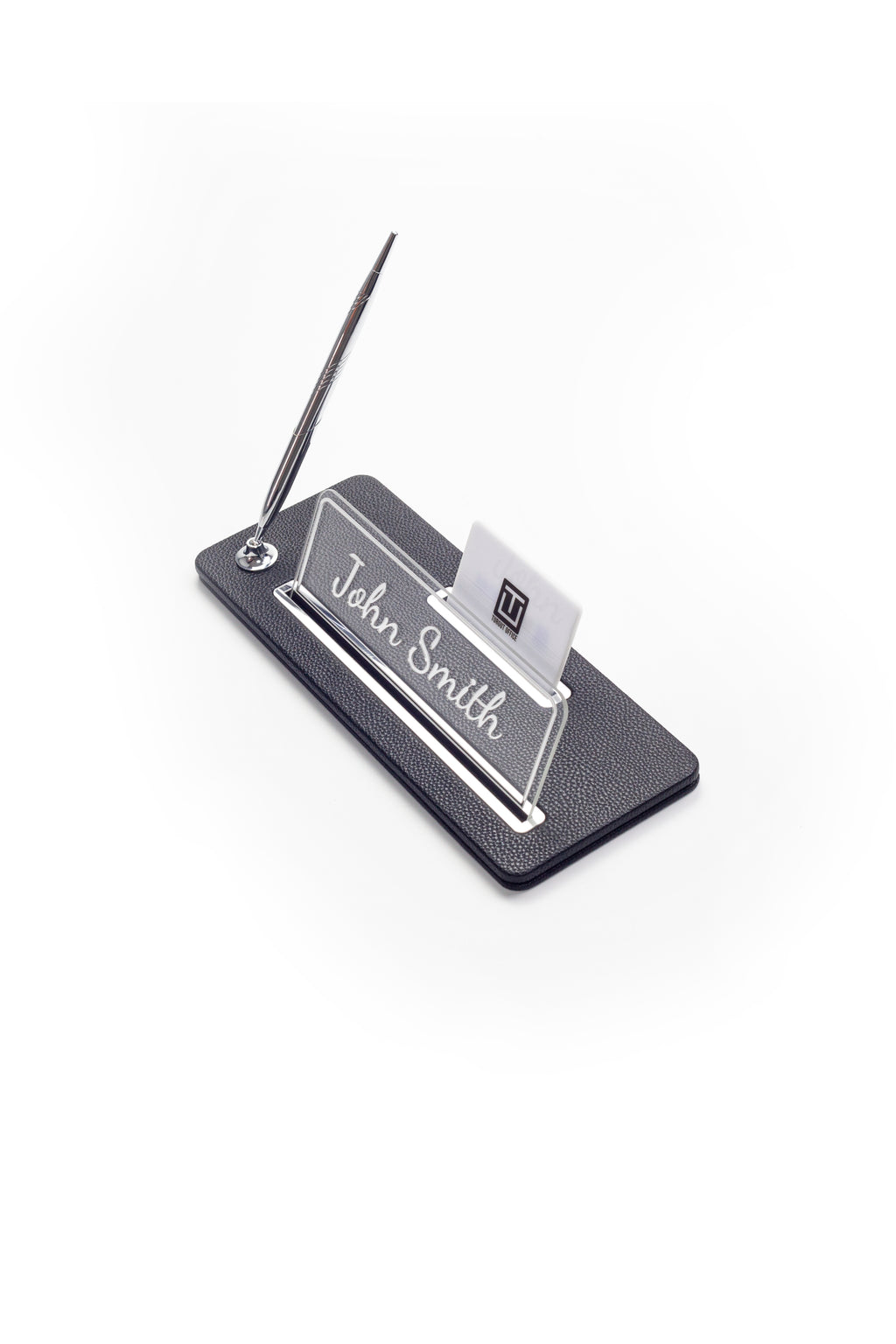 Leather Desk Name Holder Chrome Detailed