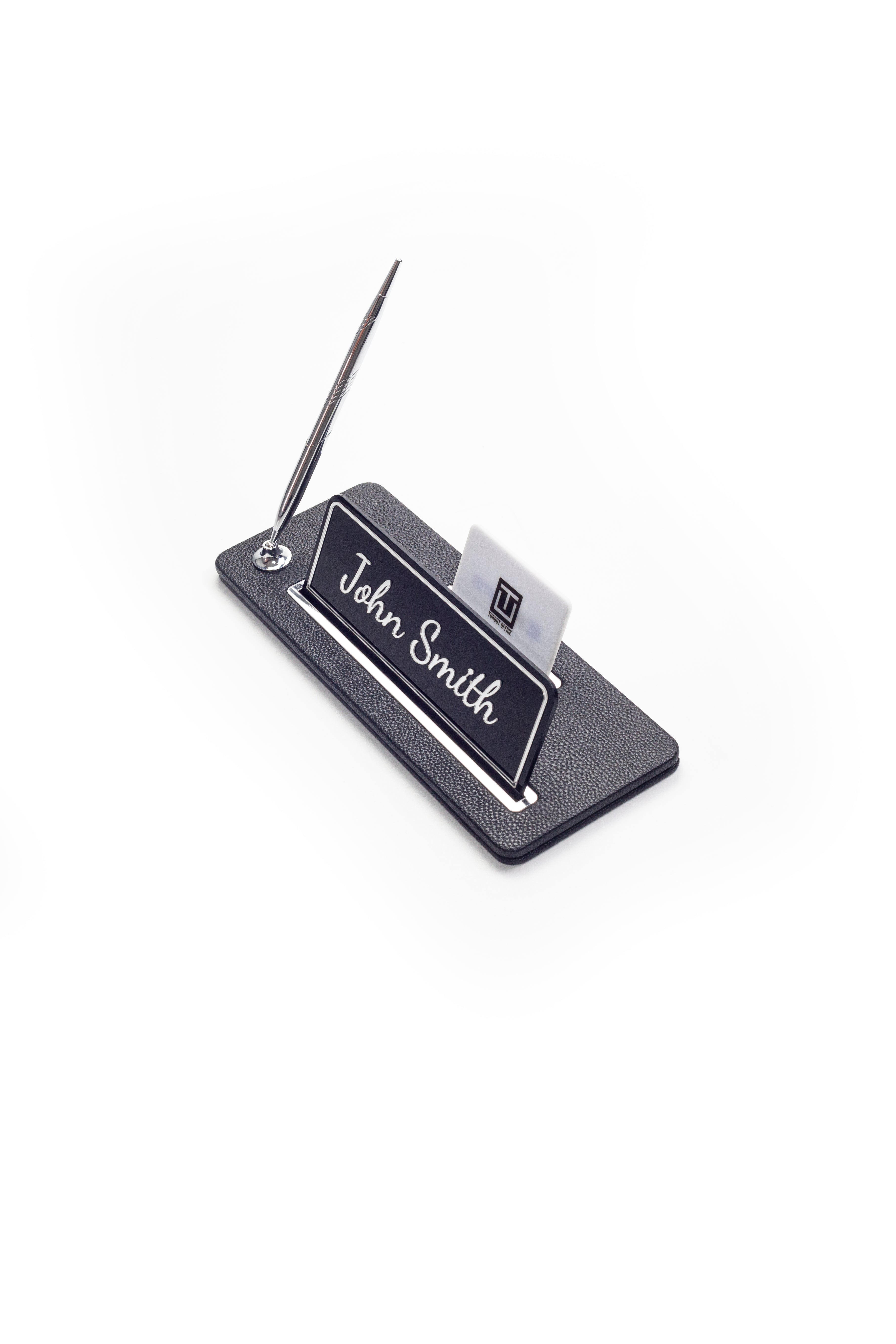 Leather Desk Name Holder Chrome Detailed