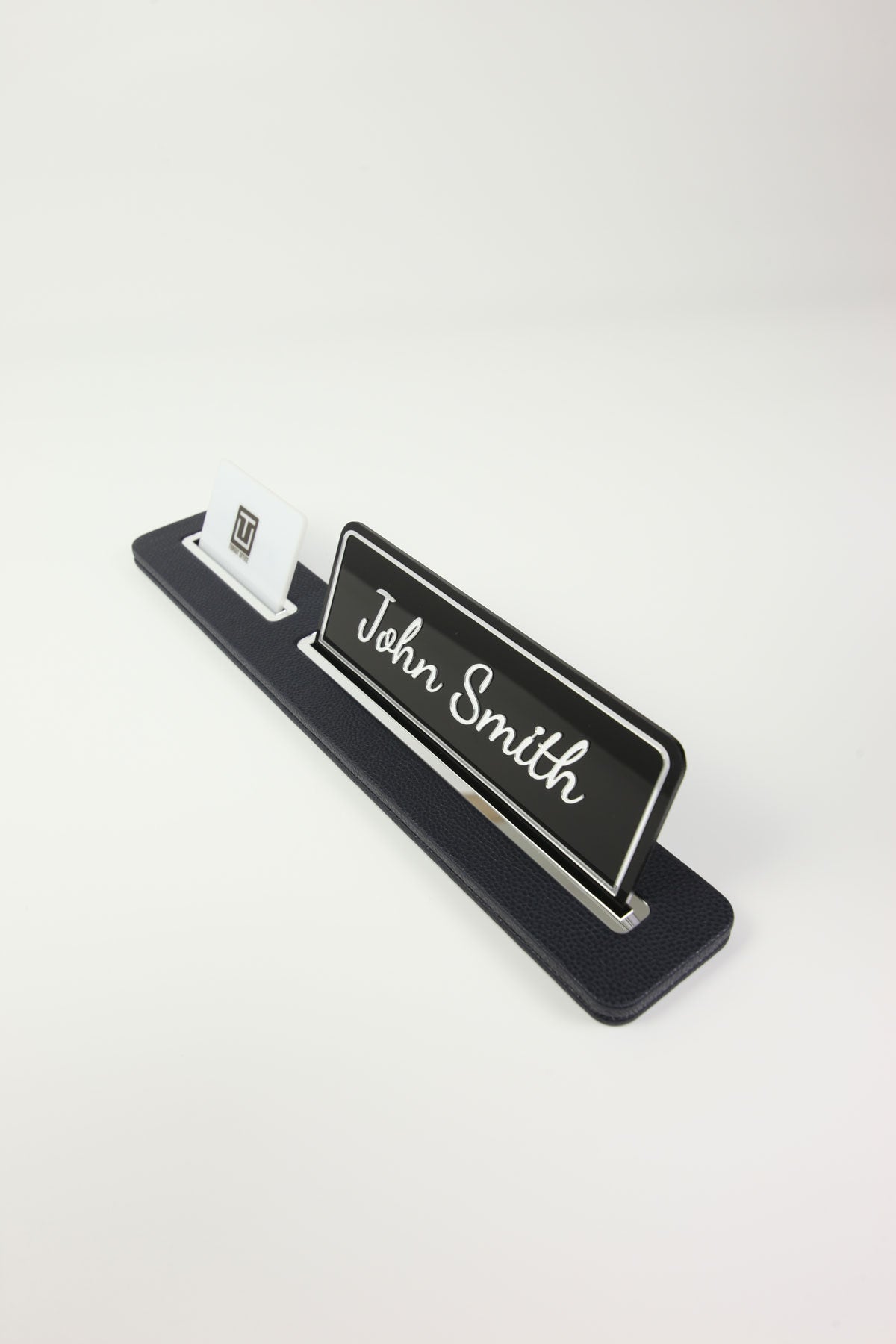 Leather Desk Name Holder Black Long Chrome Detailed - Name Holder and Business Card Holder