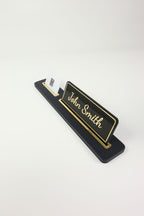 Leather Desk Nameplate Black Long Gold Detailed - Nameplate and Business Card Holder