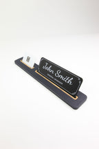 Leather Desk Nameplate Black Long Wooden Detail - Nameplate and Business Card Holder