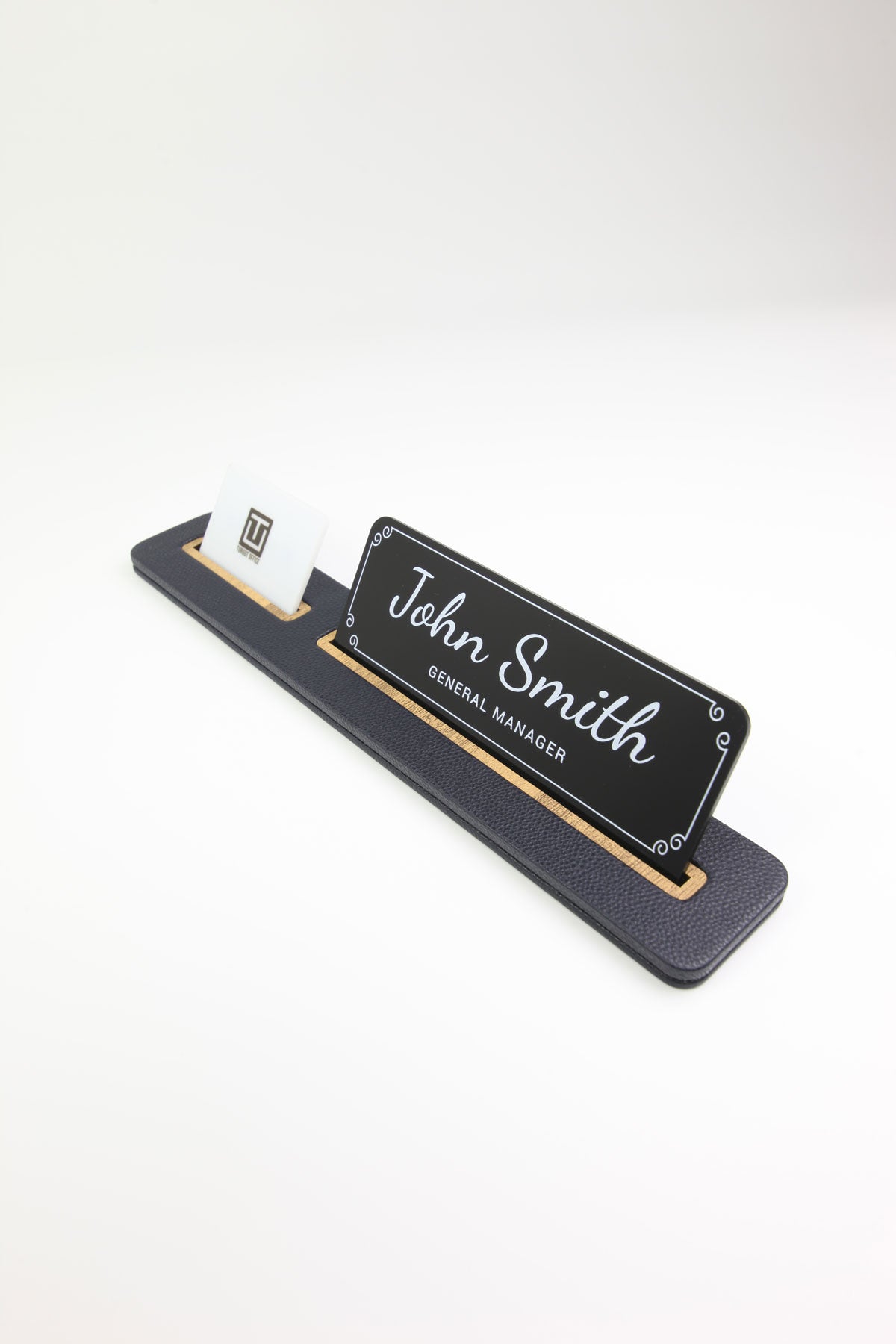 Leather Desk Nameplate Black Long Wooden Detail - Nameplate and Business Card Holder