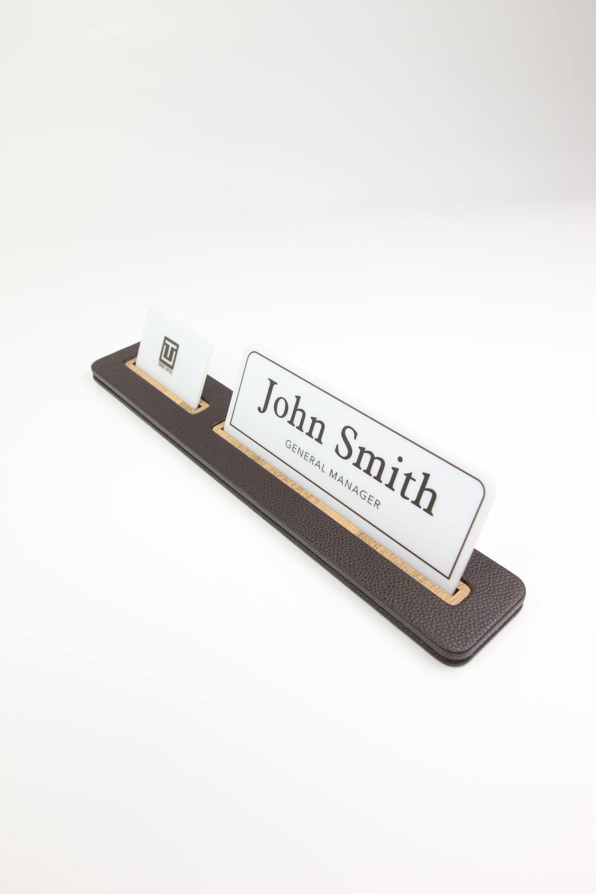 Leather Desk Nameplate Black Long Wooden Detail - Nameplate and Business Card Holder