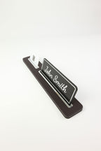 Leather Desk Name Holder Black Long Chrome Detailed - Name Holder and Business Card Holder