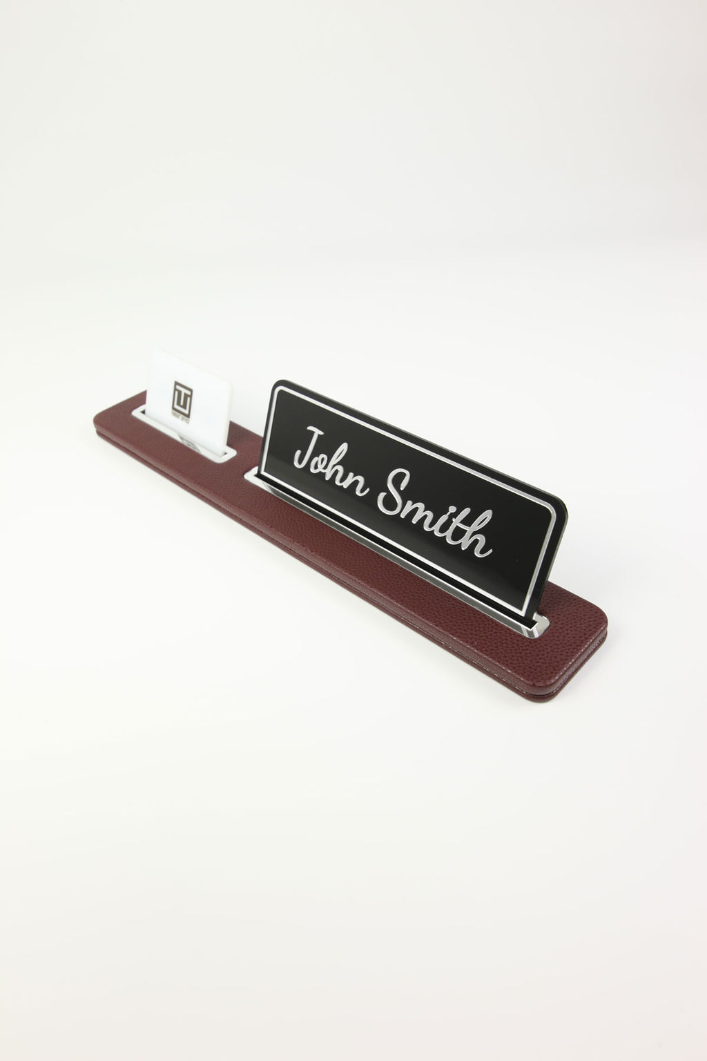 Leather Desk Name Holder Black Long Chrome Detailed - Name Holder and Business Card Holder