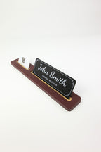 Leather Desk Nameplate Black Long Wooden Detail - Nameplate and Business Card Holder