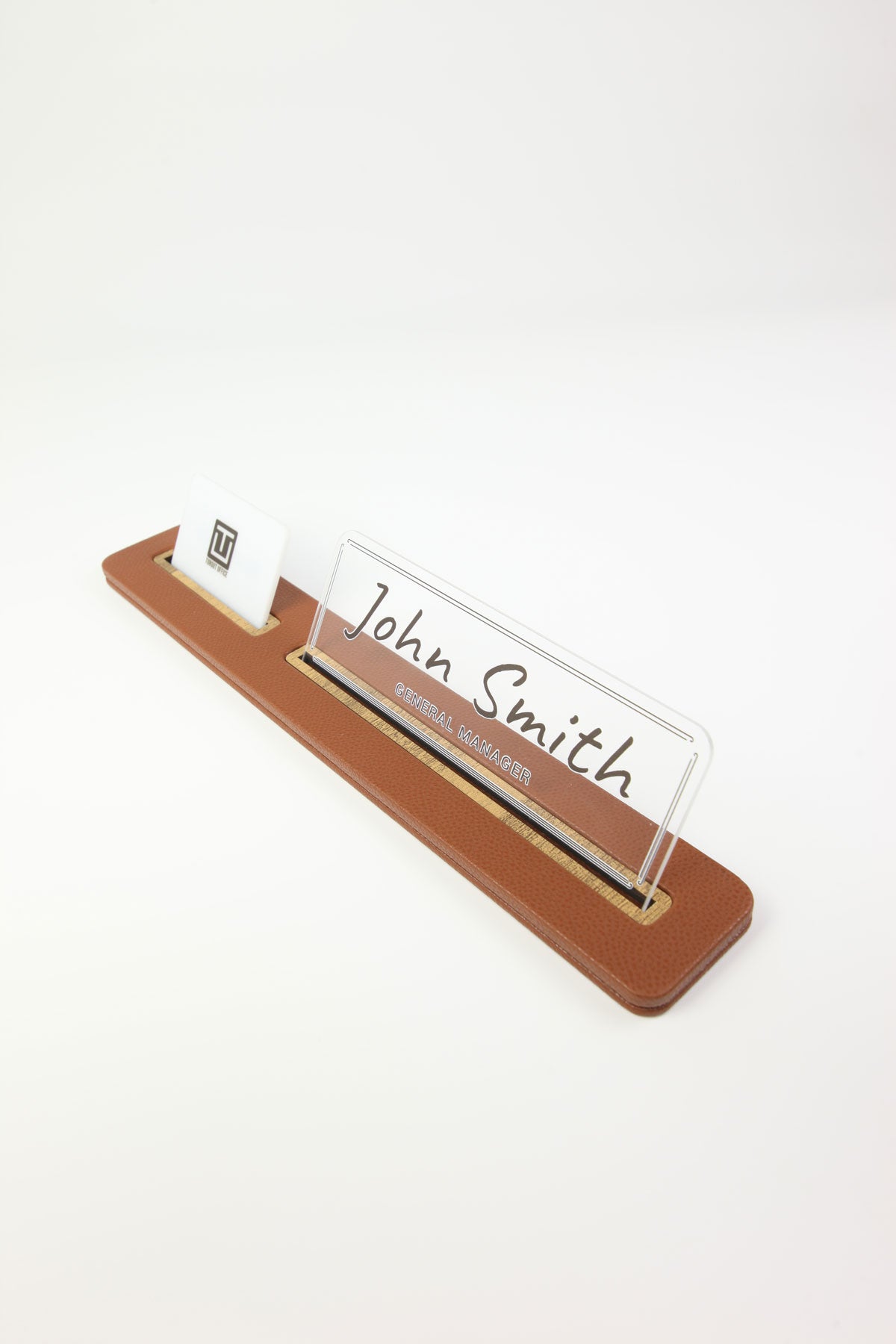 Leather Desk Nameplate Black Long Wooden Detail - Nameplate and Business Card Holder