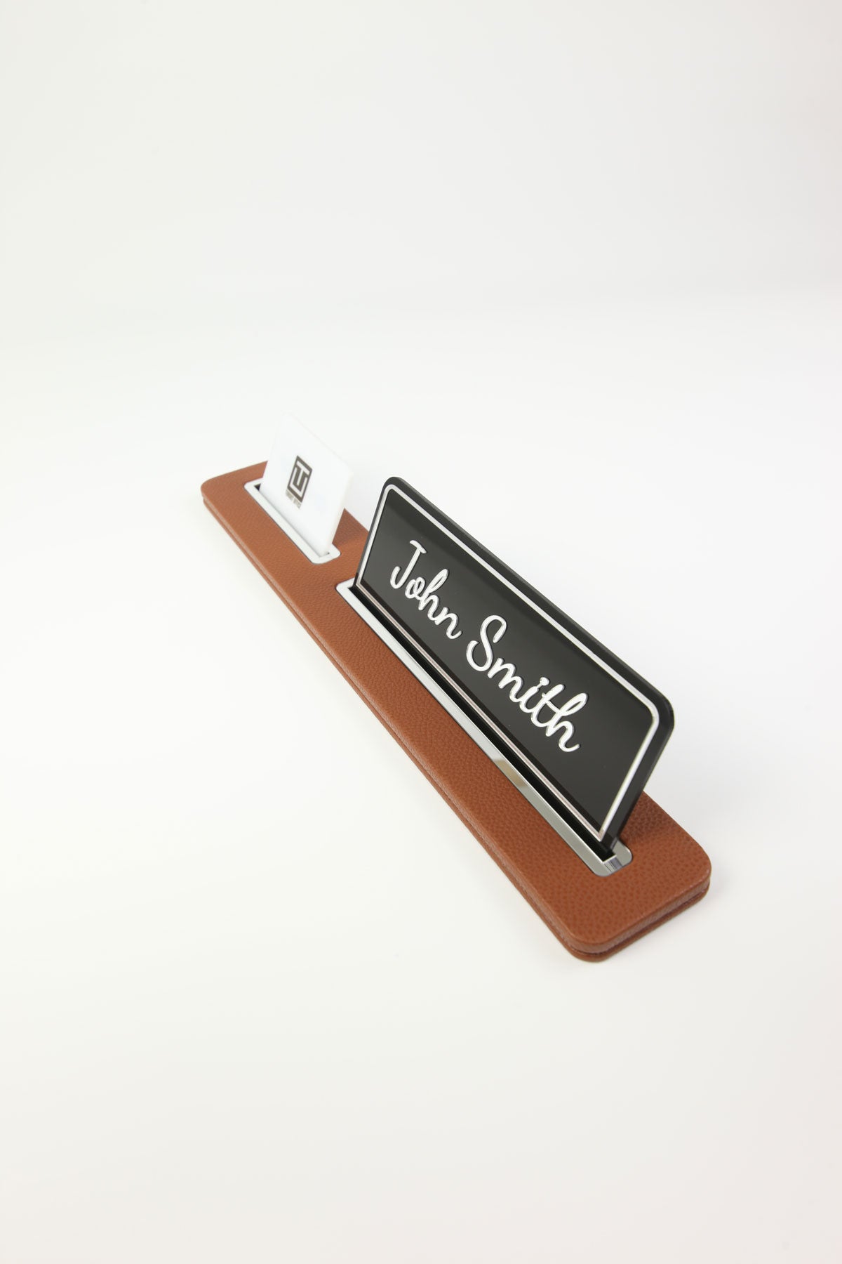 Leather Desk Name Holder Black Long Chrome Detailed - Name Holder and Business Card Holder