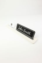 Leather Desk Name Holder Black Long Chrome Detailed - Name Holder and Business Card Holder