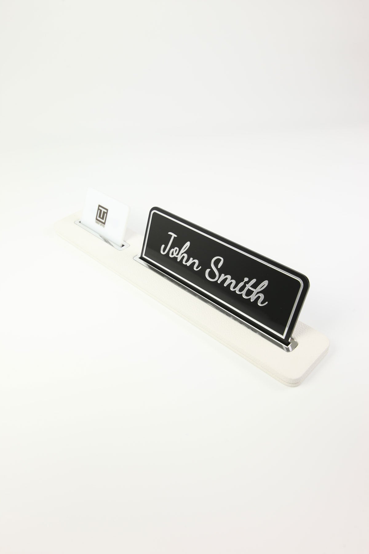 Leather Desk Name Holder Black Long Chrome Detailed - Name Holder and Business Card Holder