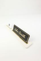 Leather Desk Nameplate Black Long Gold Detailed - Nameplate and Business Card Holder