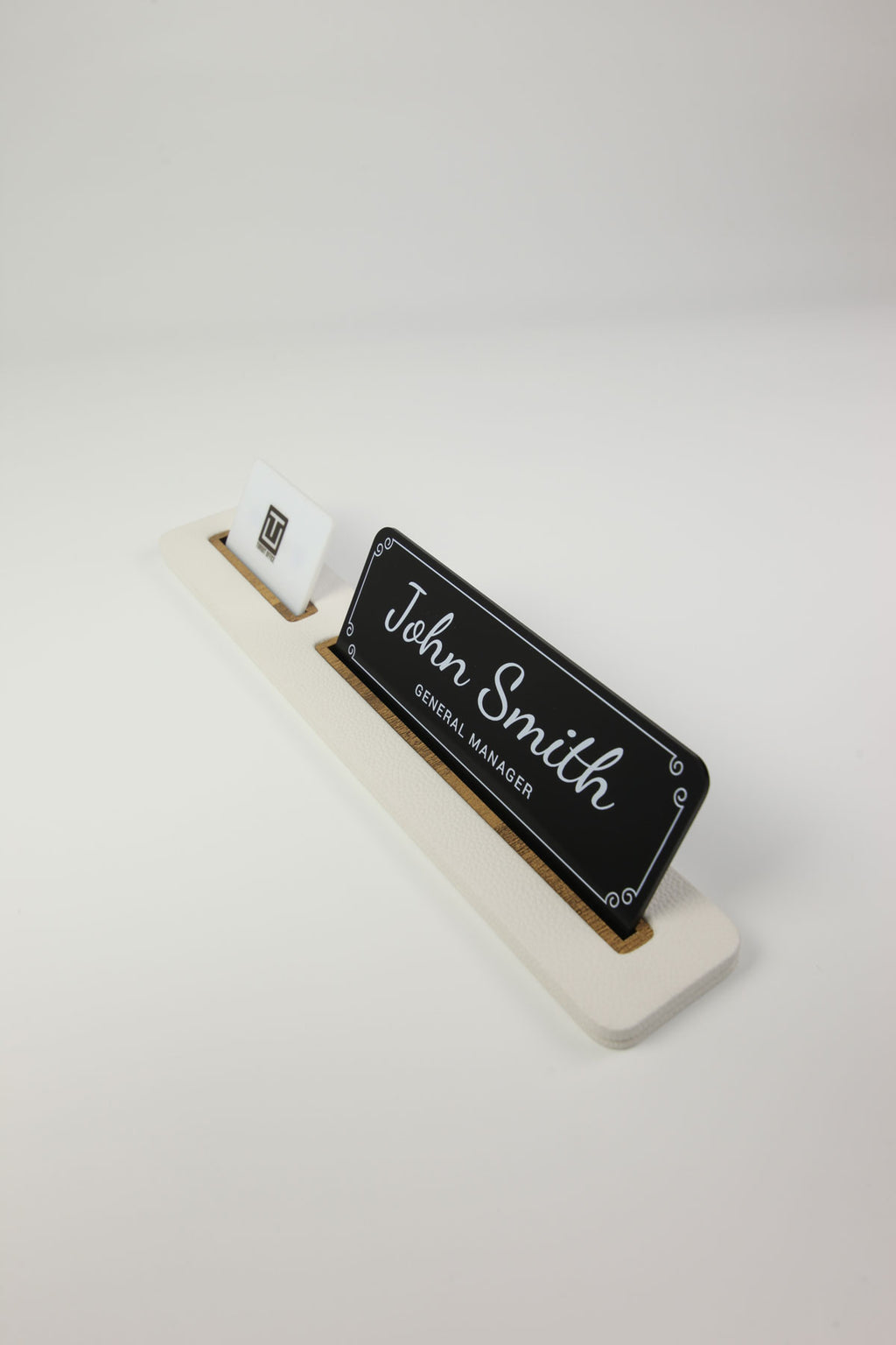 Leather Desk Nameplate Black Long Wooden Detail - Nameplate and Business Card Holder