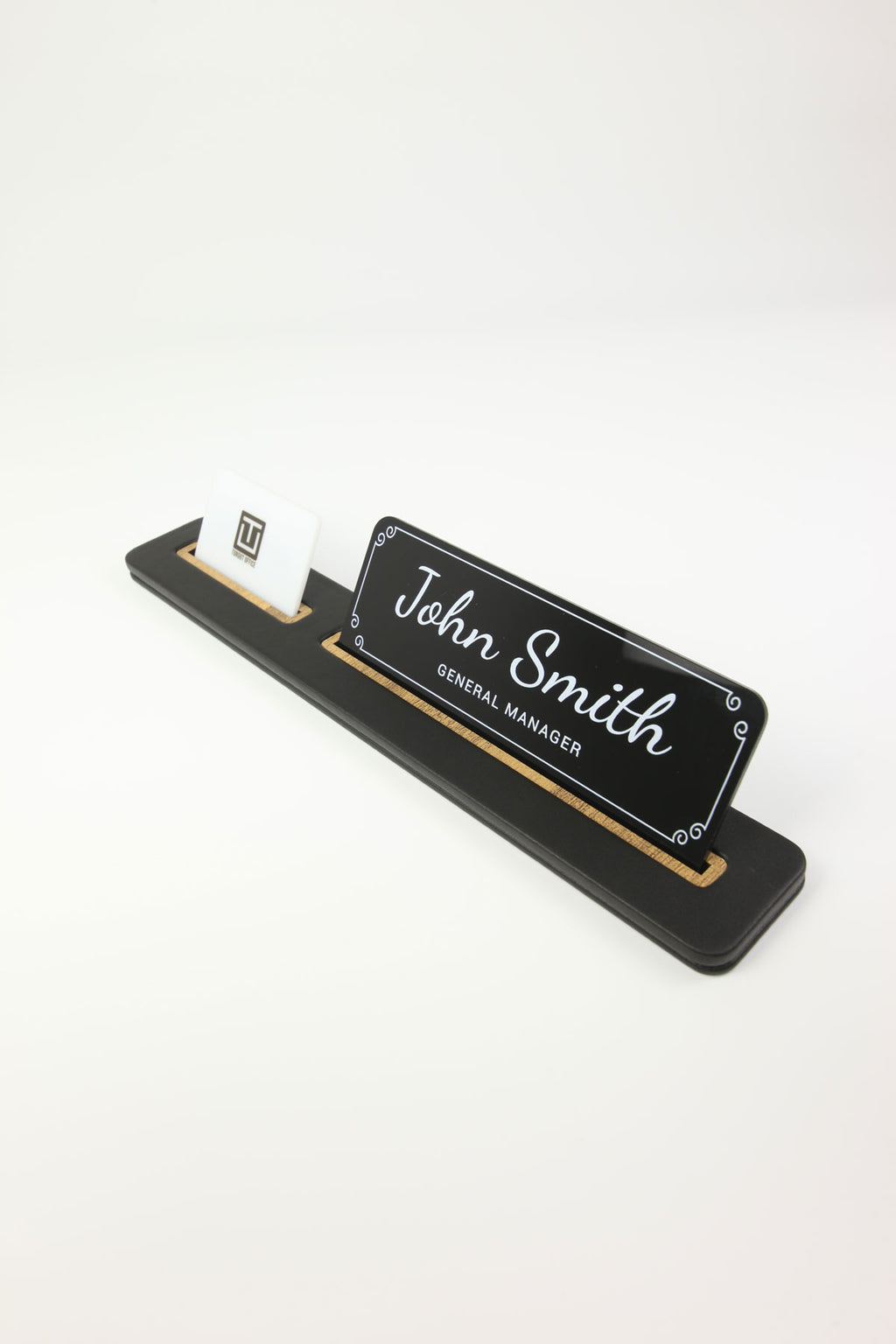 Leather Desk Nameplate Black Long Wooden Detail - Nameplate and Business Card Holder