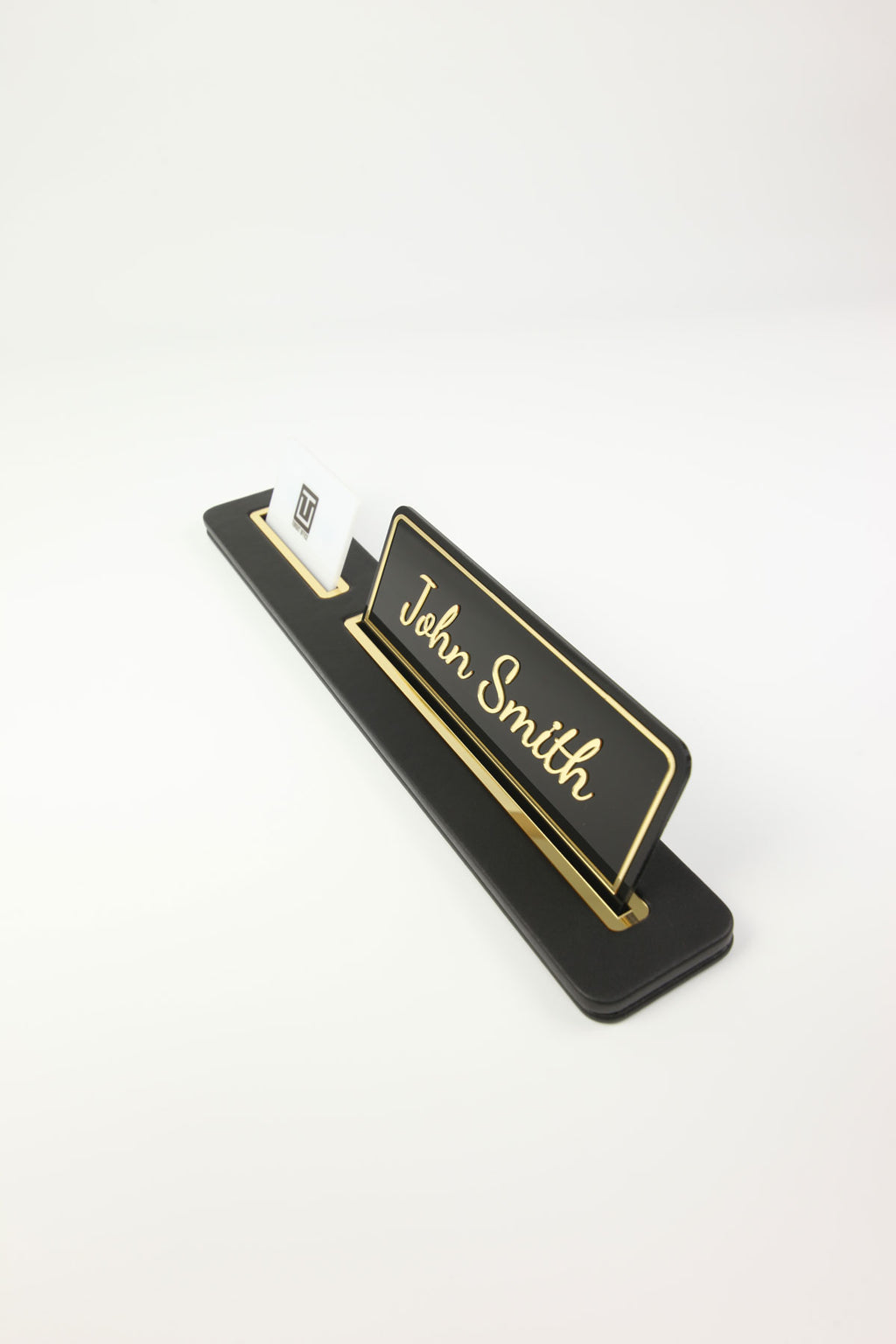 Leather Desk Nameplate Black Long Gold Detailed - Nameplate and Business Card Holder