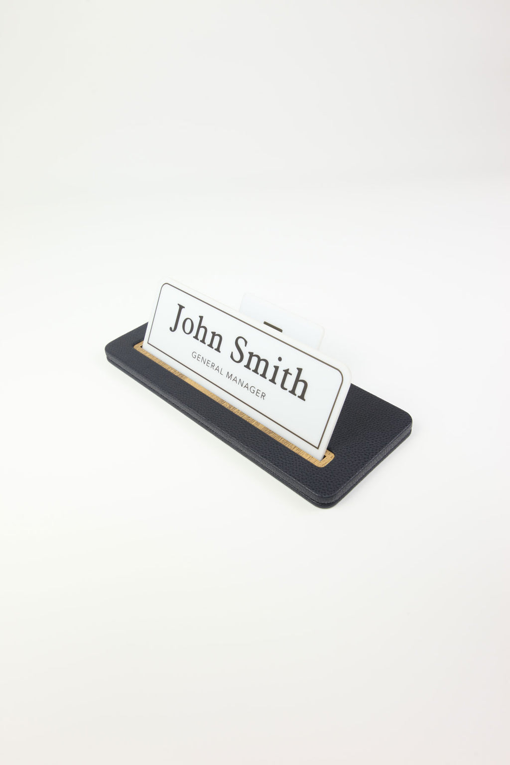 Leather Desk Nameplate Black Wood Detail - Nameplate and Business Card Holder