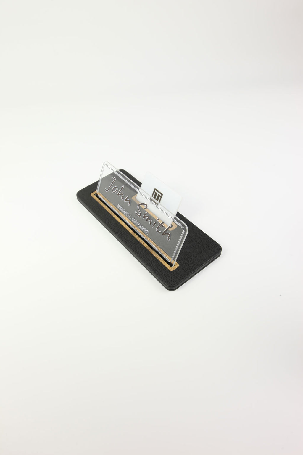 Leather Desk Nameplate Black Wood Detail - Nameplate and Business Card Holder