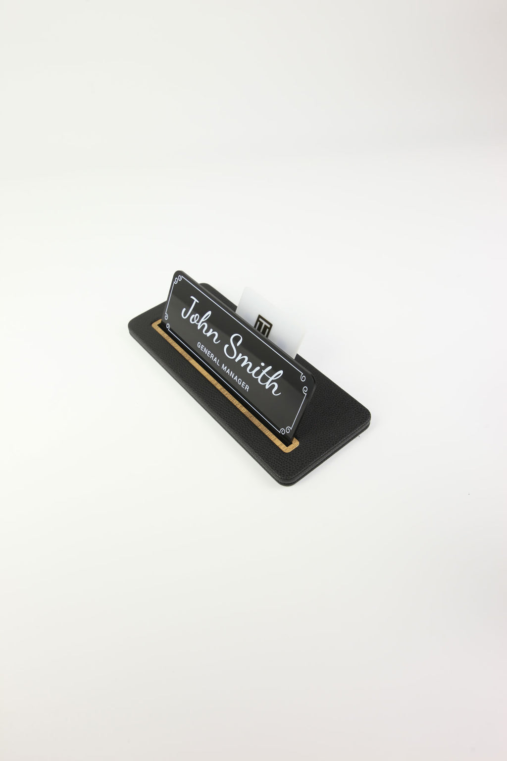 Leather Desk Nameplate Black Wood Detail - Nameplate and Business Card Holder
