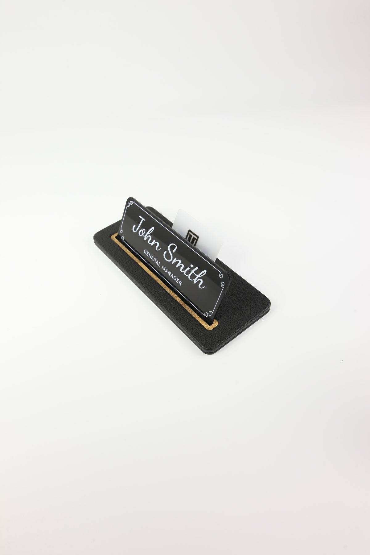 Leather Desk Nameplate Black Wood Detail - Nameplate and Business Card Holder