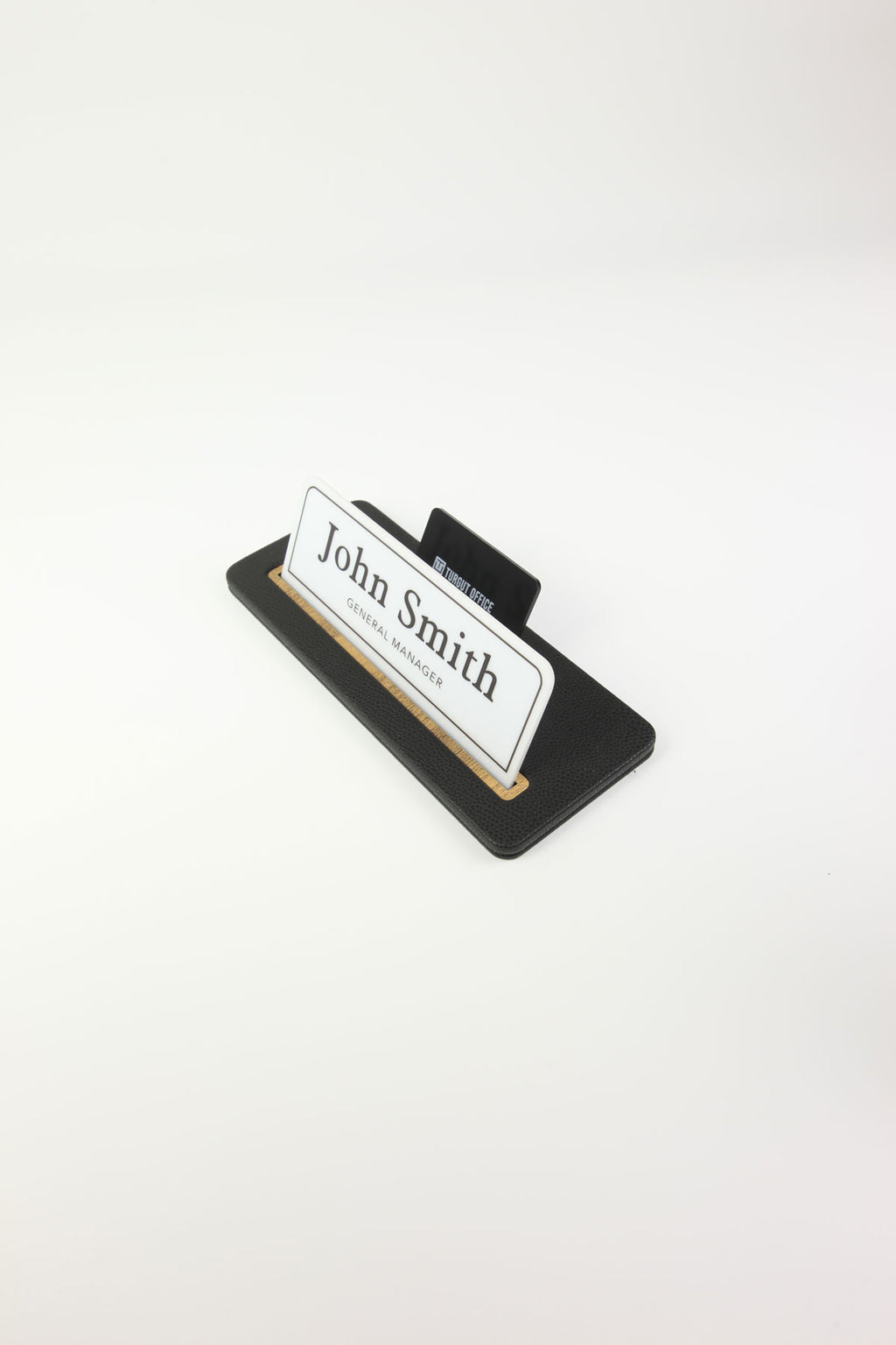 Leather Desk Nameplate Black Wood Detail - Nameplate and Business Card Holder