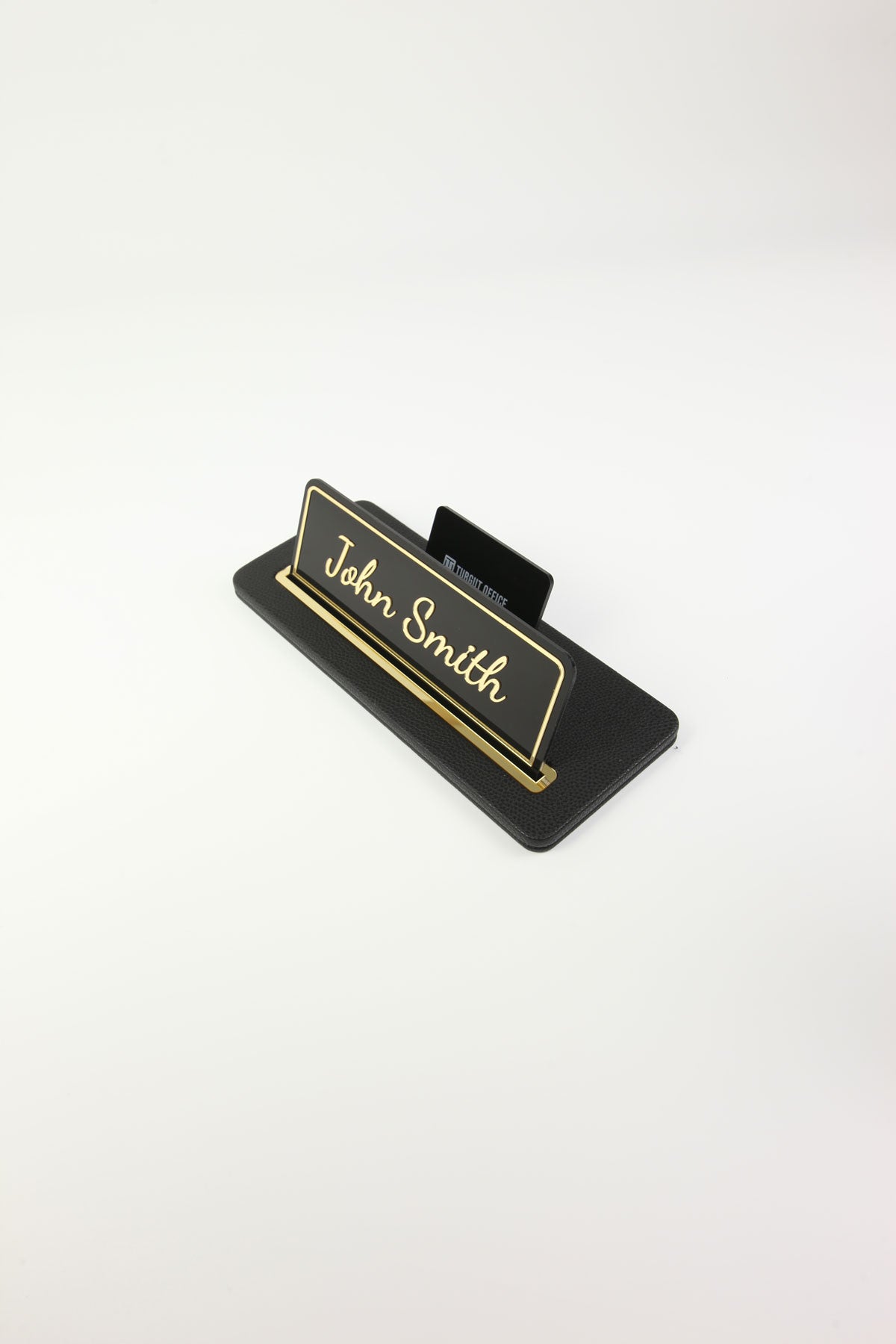 Leather Desk Nameplate Black Gold Detail - Nameplate and Business Card Holder