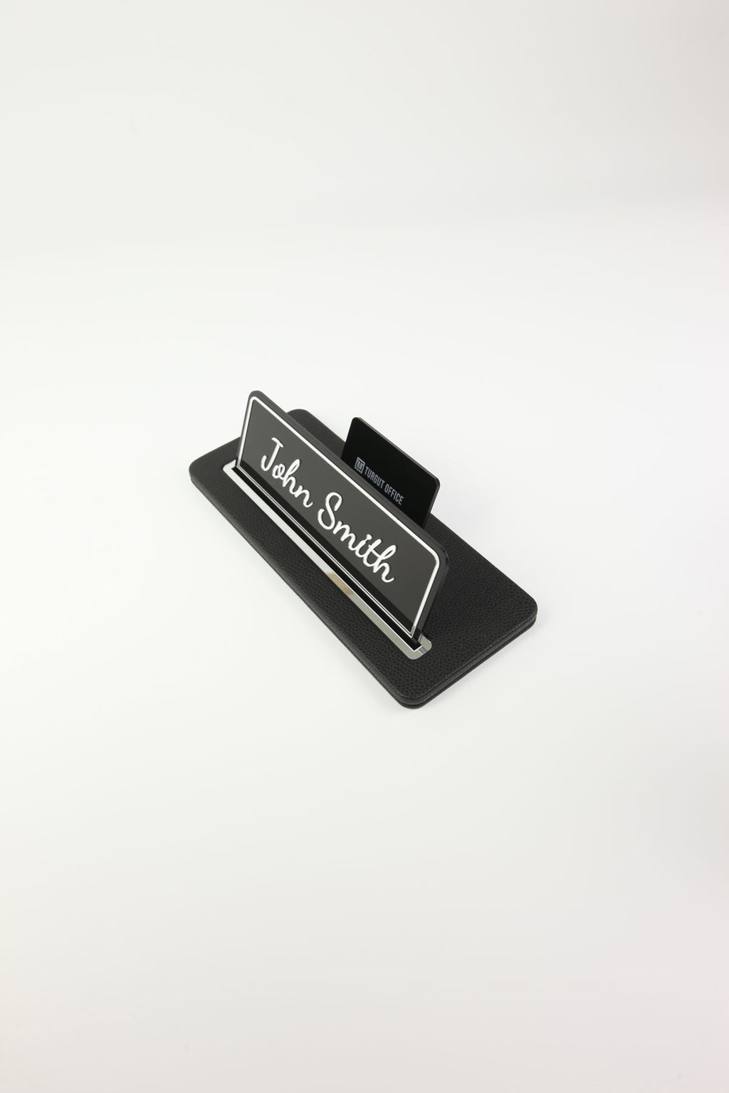 Leather Desk Name Holder Black Chrome Detailed - Name Holder and Business Card Holder