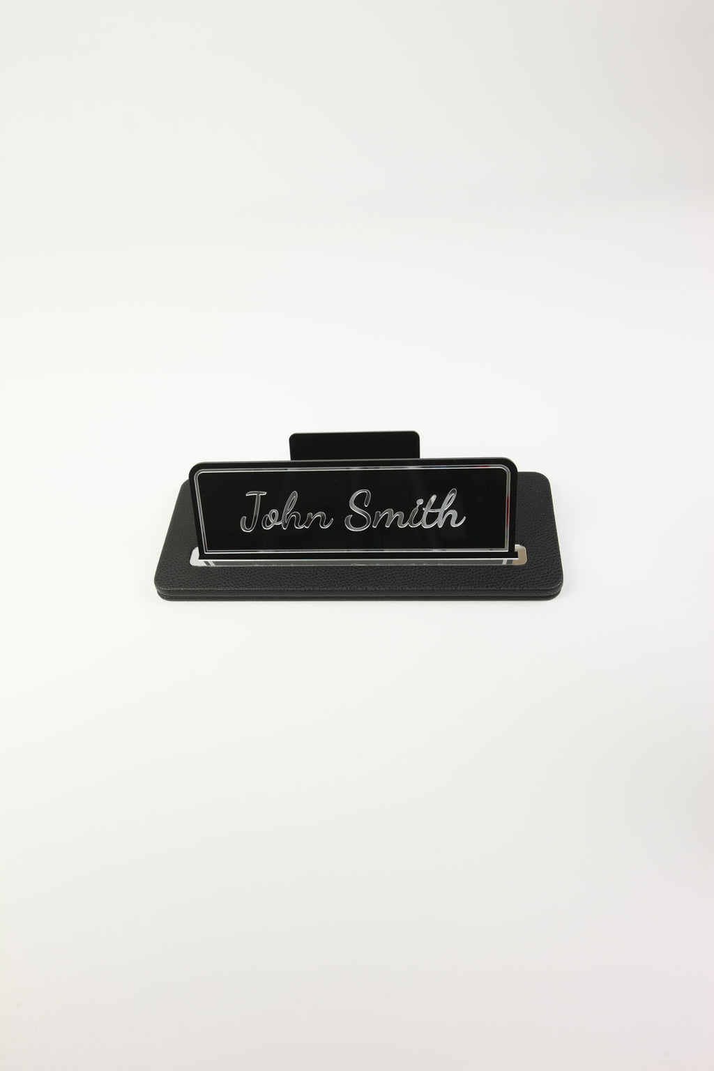 Leather Desk Name Holder Black Chrome Detailed - Name Holder and Business Card Holder