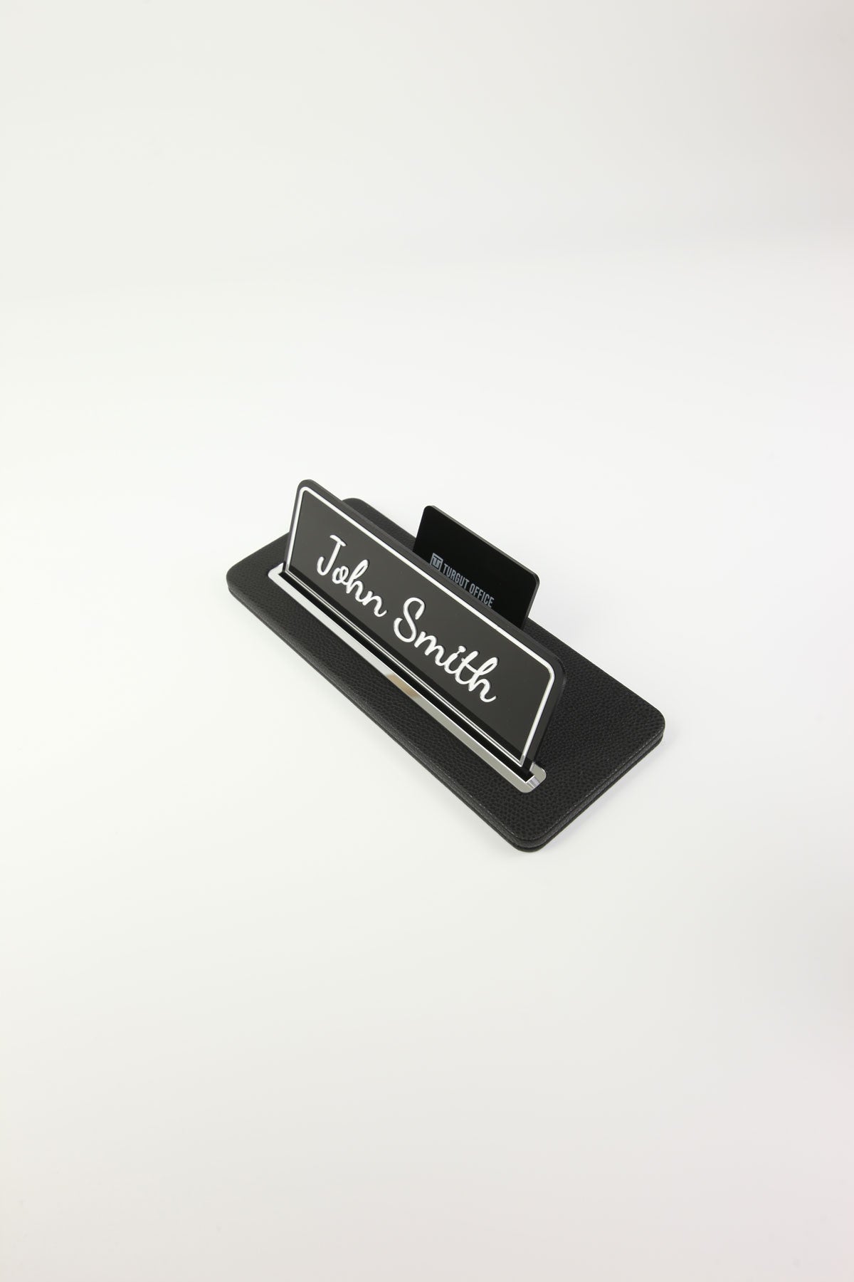 Leather Desk Name Holder Black Chrome Detailed - Name Holder and Business Card Holder