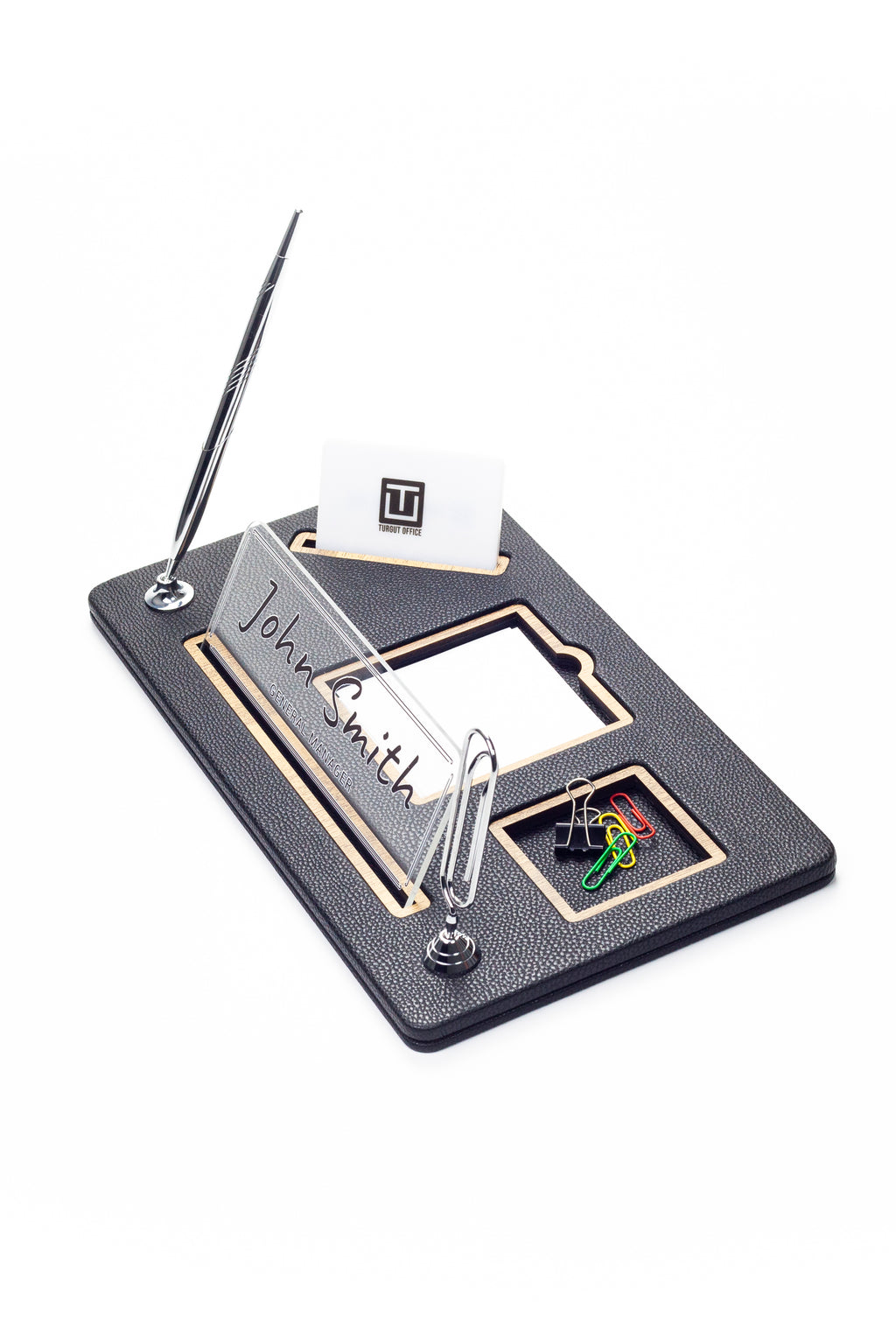 Organizer Leather Desk Nameplate Wood Detailed