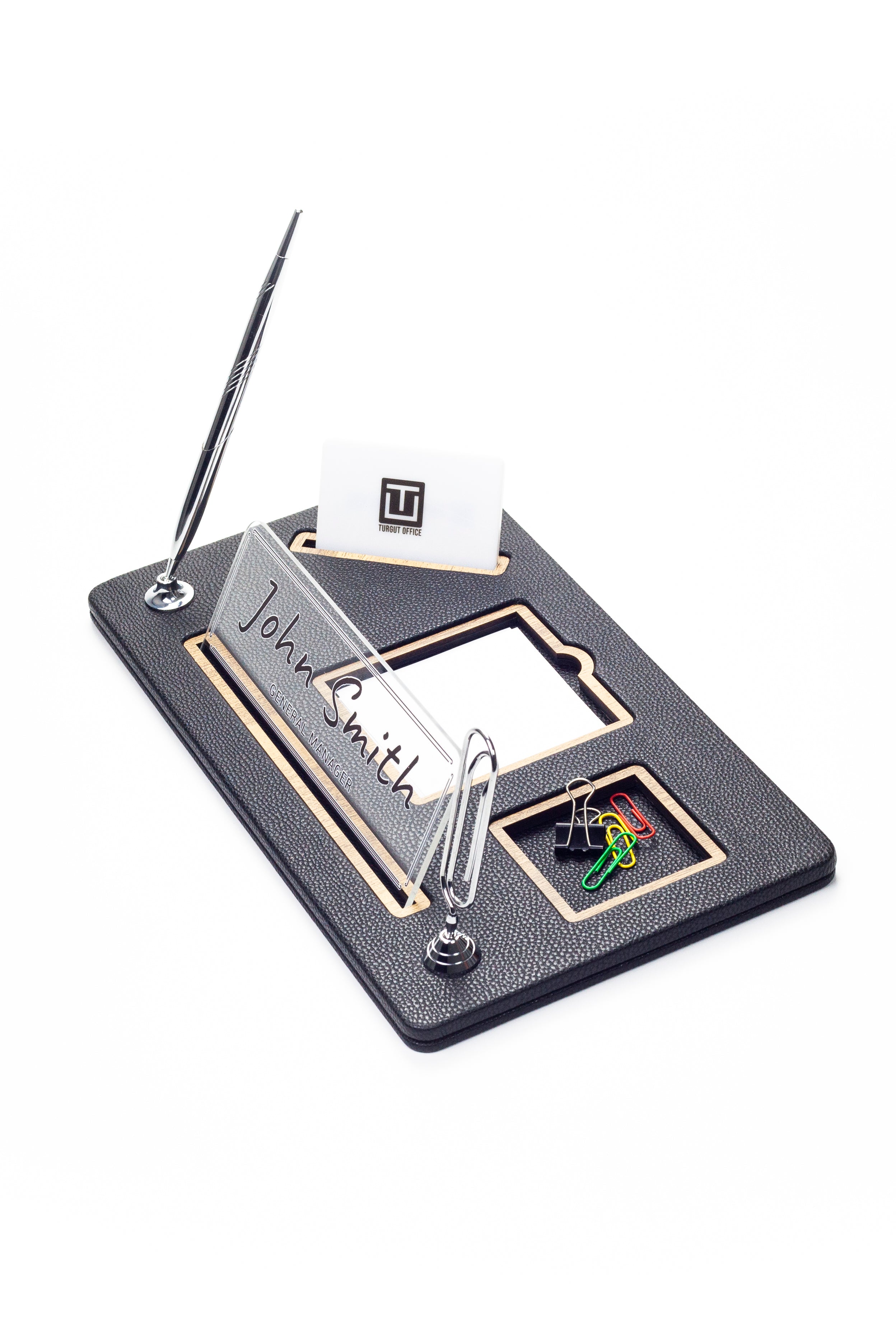 Organizer Leather Desk Nameplate Wood Detailed