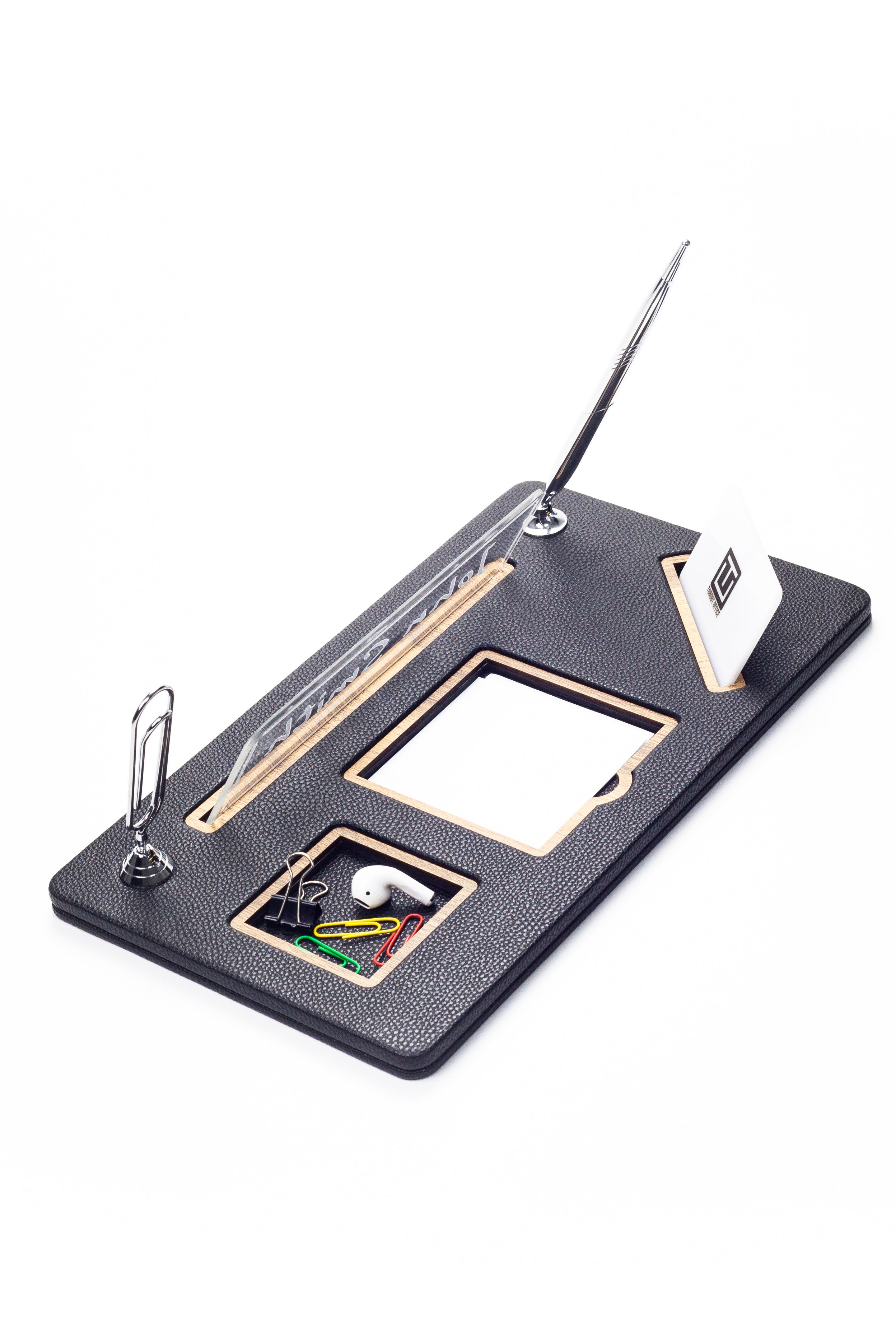 Organizer Leather Desk Nameplate Wood Detailed