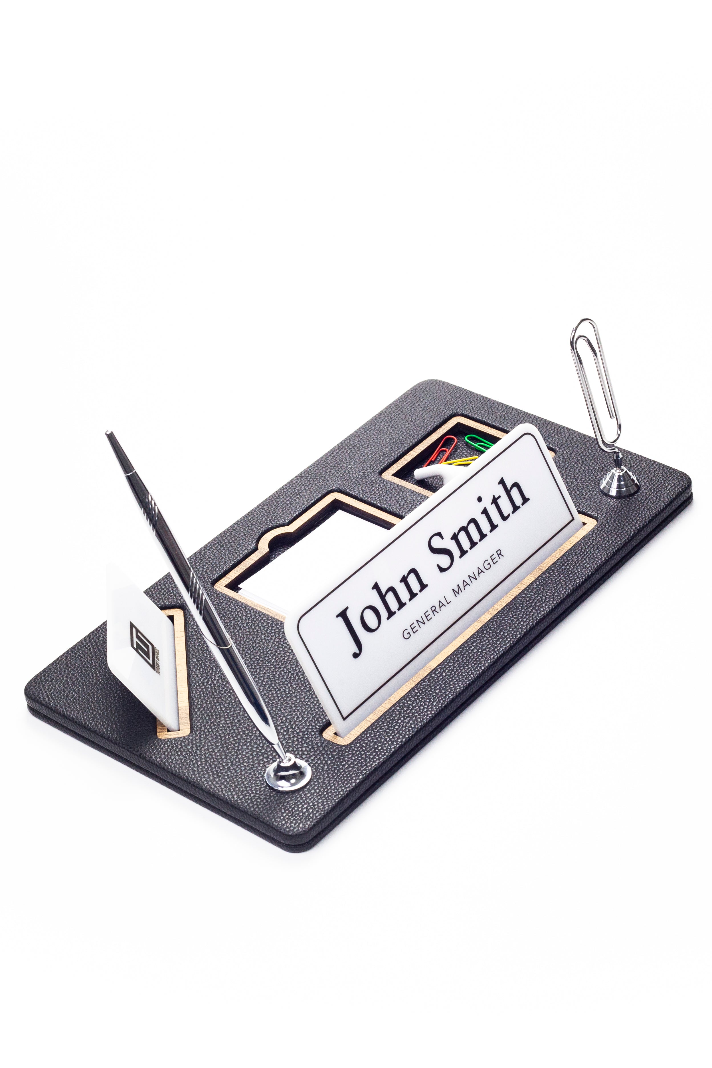 Organizer Leather Desk Nameplate Wood Detailed