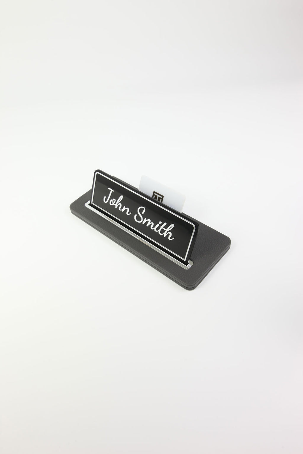 Leather Desk Name Holder Black Chrome Detailed - Name Holder and Business Card Holder