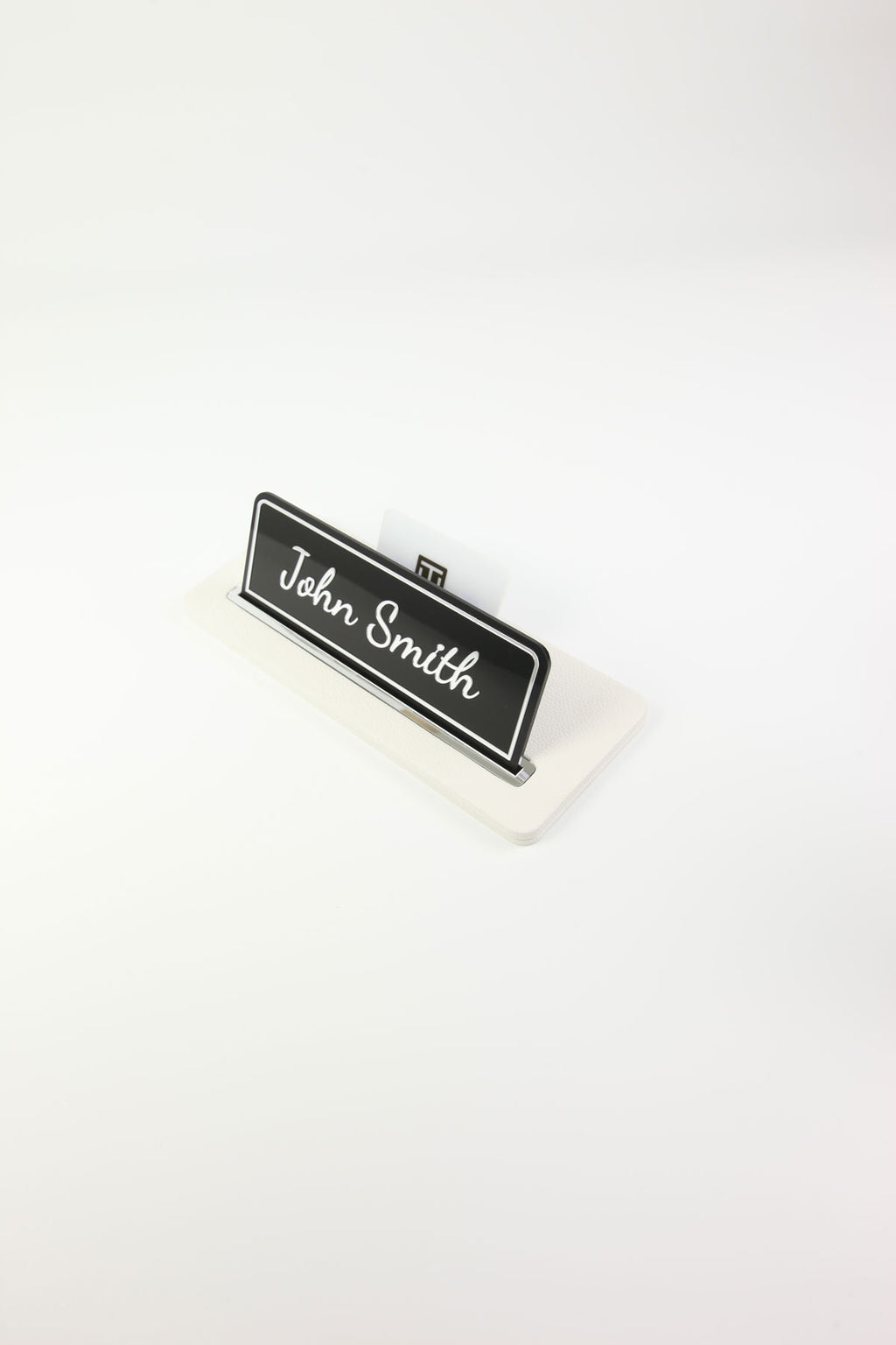 Leather Desk Name Holder Black Chrome Detailed - Name Holder and Business Card Holder