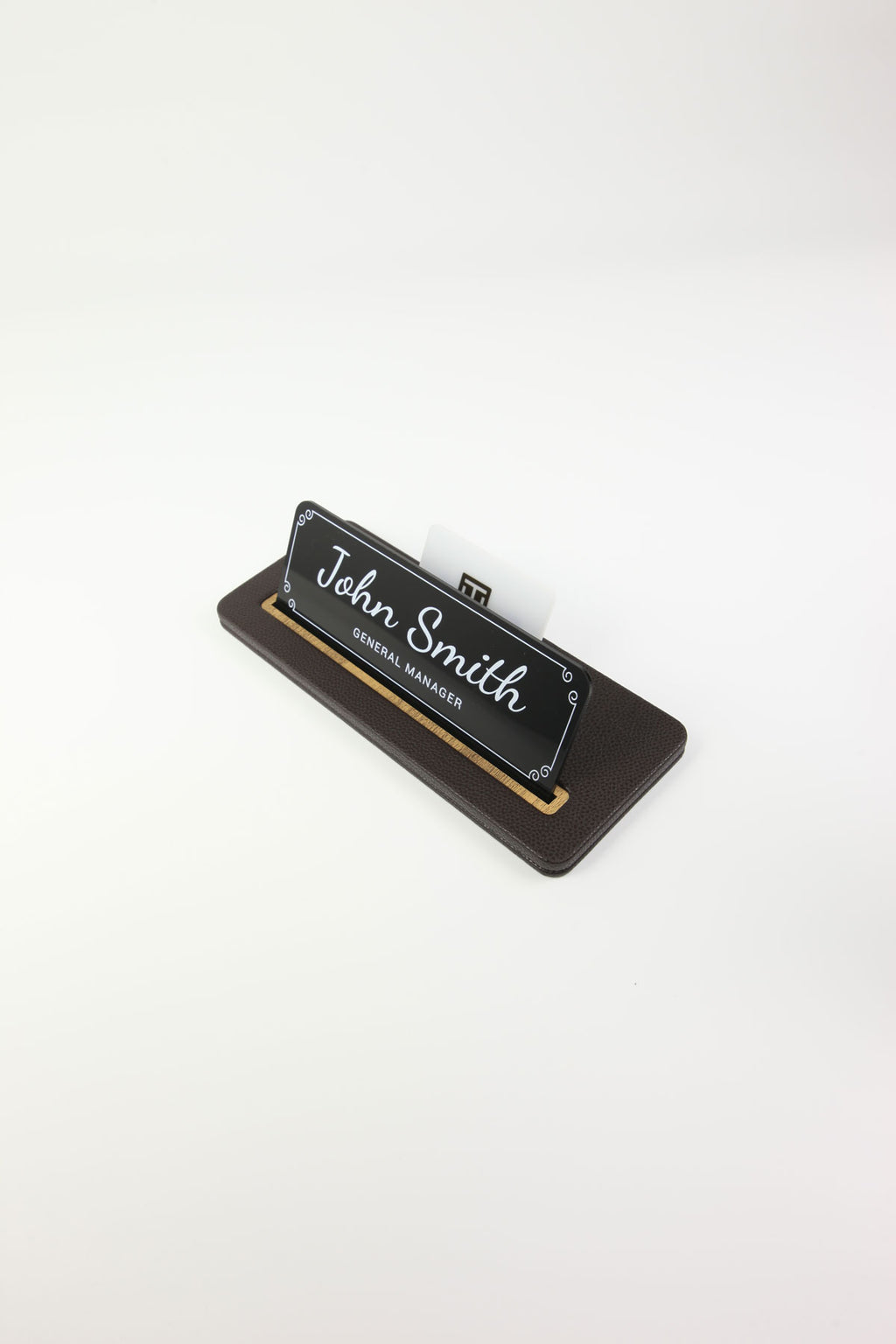 Leather Desk Nameplate Black Gold Detail - Nameplate and Business Card Holder