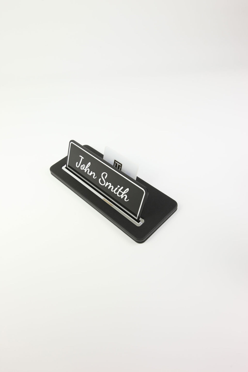 Leather Desk Name Holder Black Chrome Detailed - Name Holder and Business Card Holder