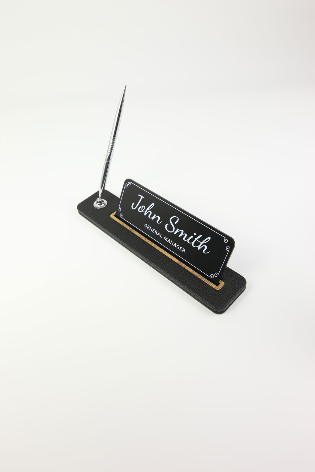 Leather Desktop Nameplate with Pen Black Wood Detail - Nameplate and Signature Pen