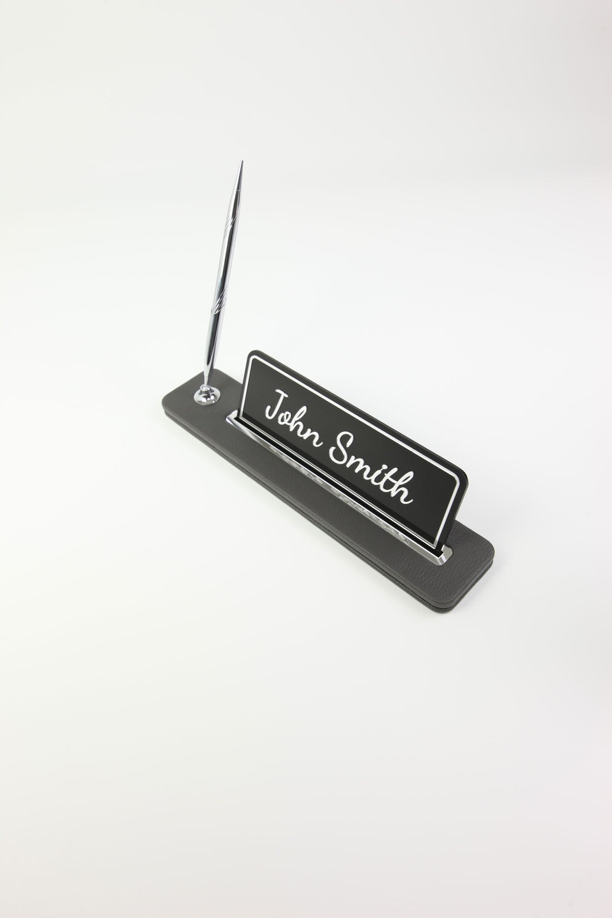 Leather Desktop Nameplate with Pen Black Chrome Detailed - Nameplate and Signature Pen