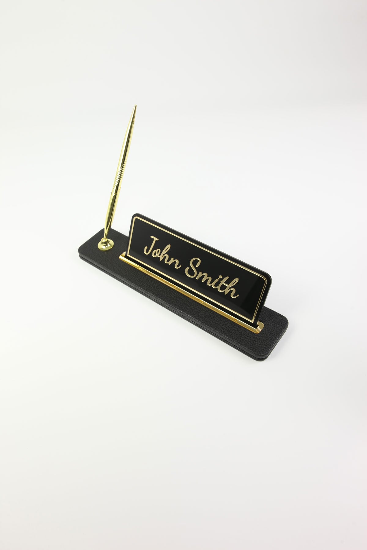 Leather Desktop Nameplate with Pen Black Gold Detailed - Nameplate and Signature Pen