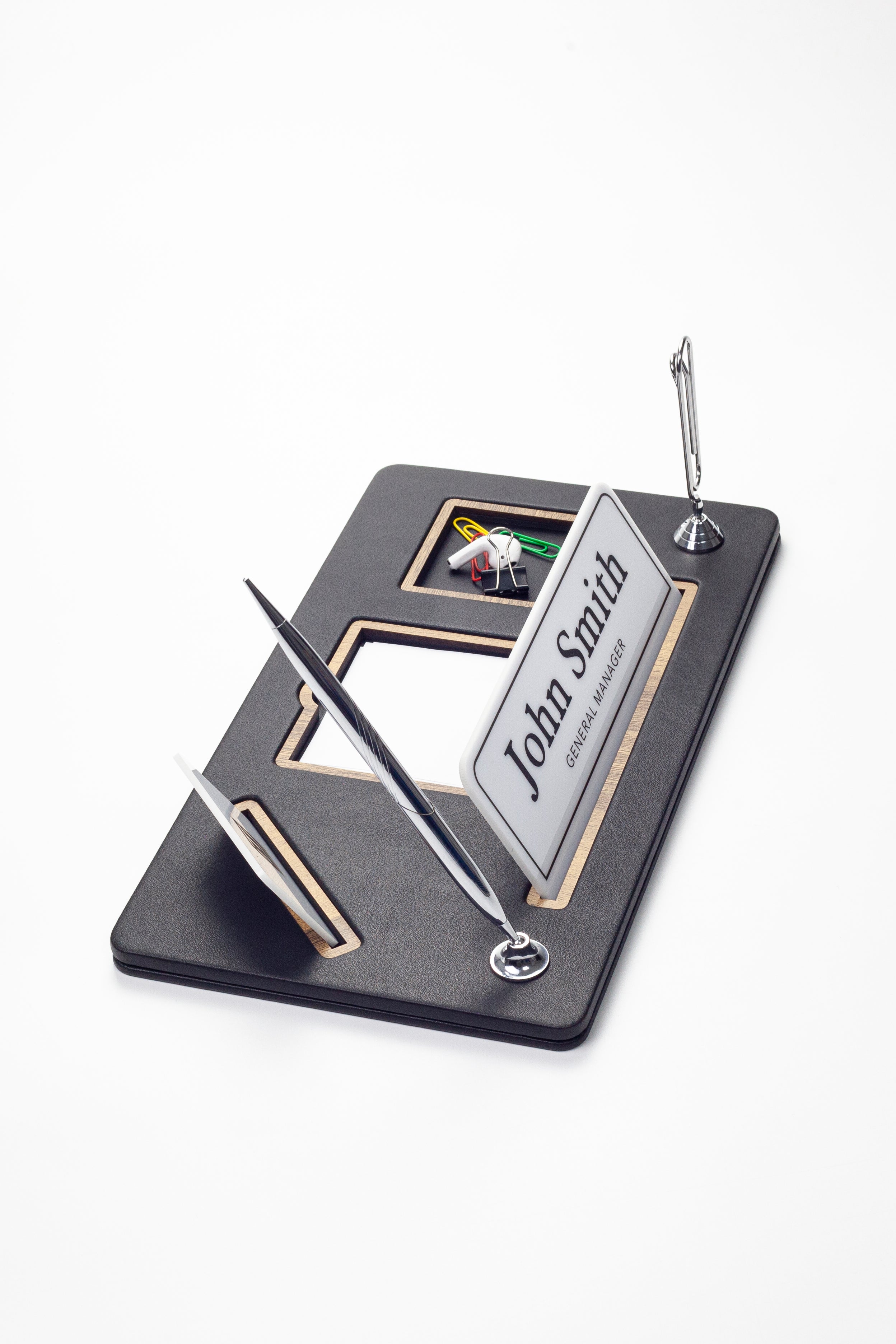 Organizer Leather Desk Nameplate Wood Detailed