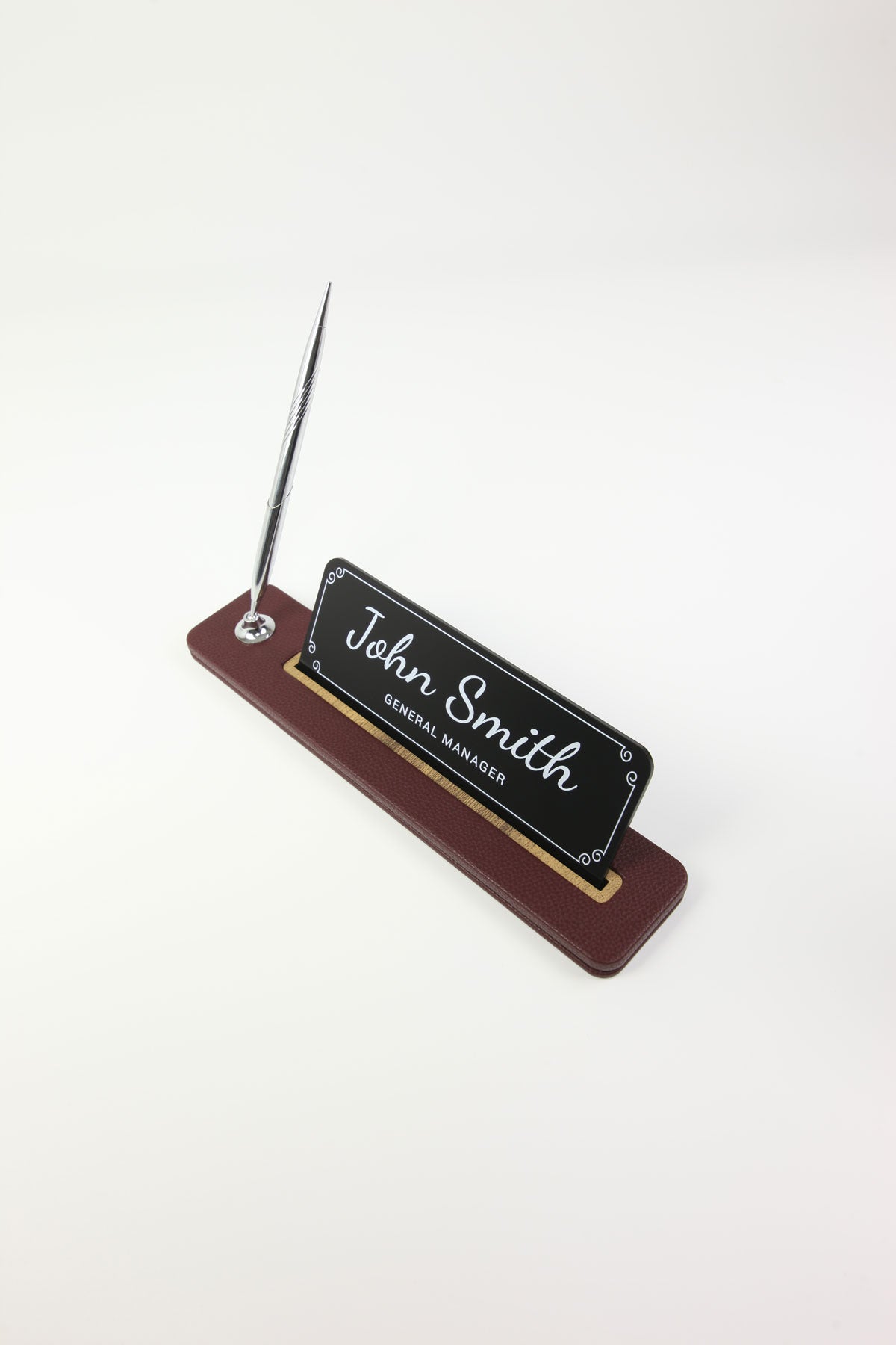 Leather Desktop Nameplate with Pen Black Wood Detail - Nameplate and Signature Pen
